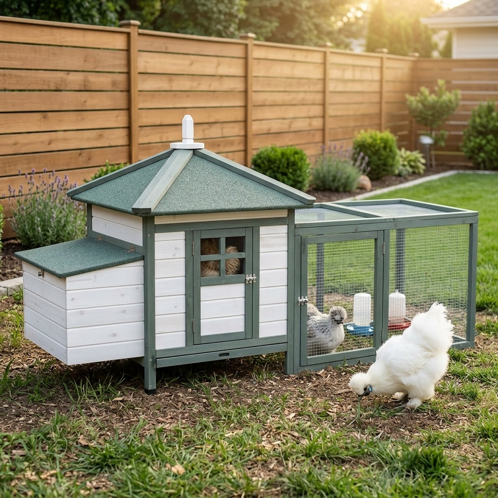 77" Wooden Chicken Coop Hen House Poultry Cage with Weatherproof Roof, Nesting Box, Enclosed Run and Removable Tray for Outdoor Backyard, Green