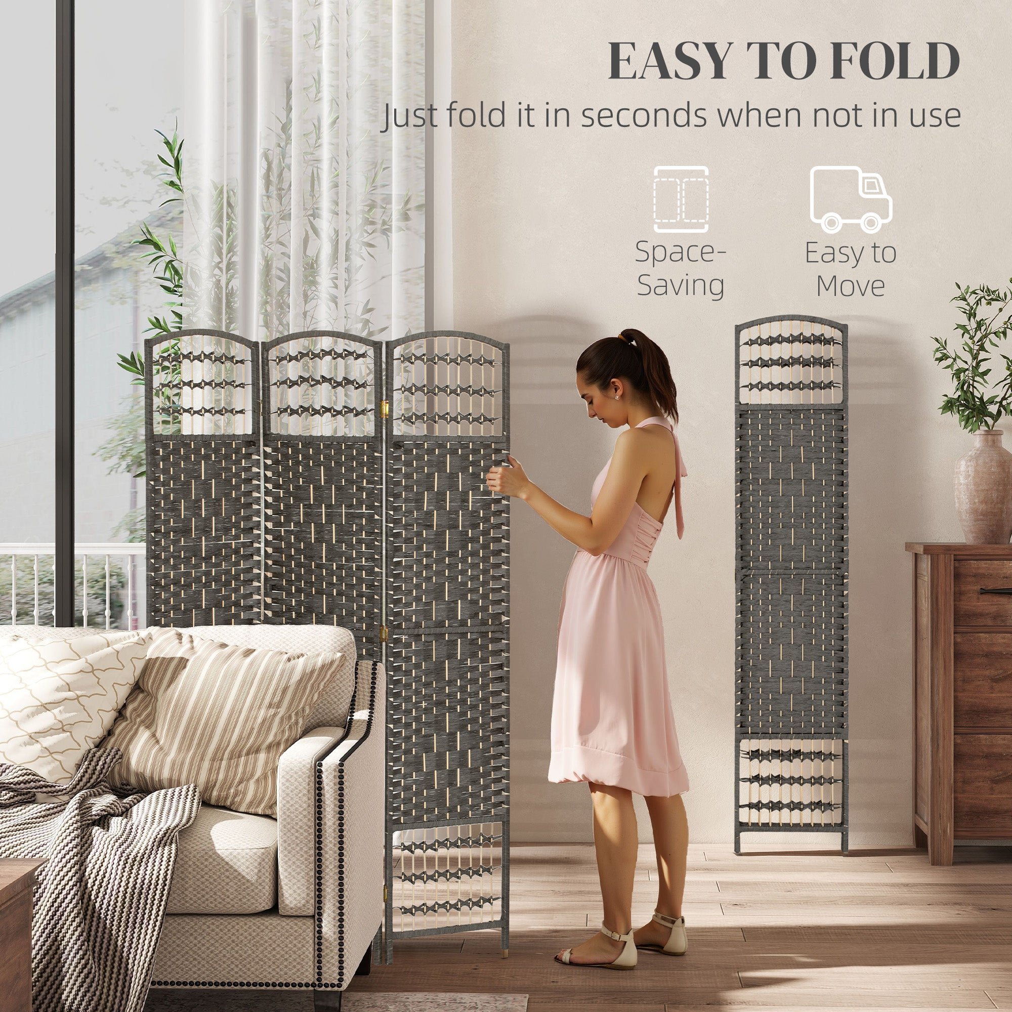3 Panel Folding Room Divider Portable Privacy Screen Wave Fiber Room Partition for Home Office Dark Gray