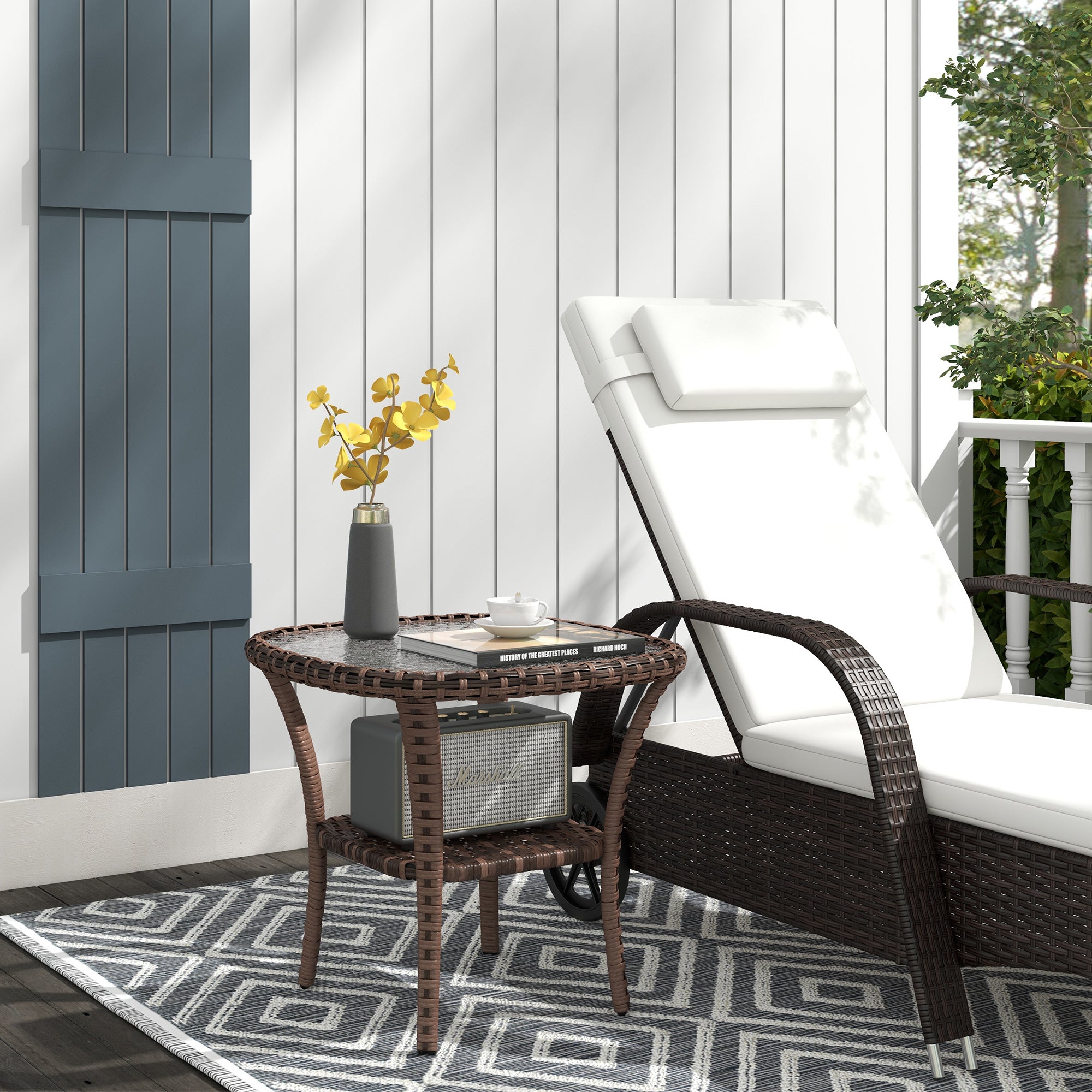 Outdoor Coffee Table with Storage Shelf, Hand-Woven Wicker Side Table with Water-Ripple Glass Top, Mix Brown