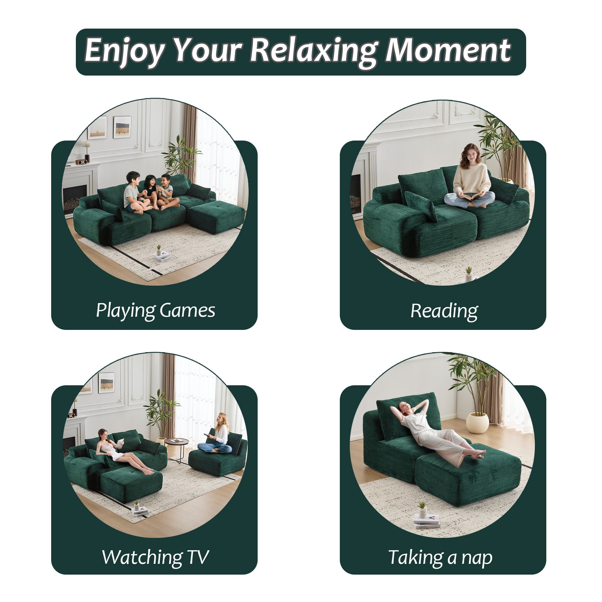 Compressed Sofa Modern Memory Foam Sectional, Pet-Friendly Corduroy Couch, Extra Deep Loveseat for Apartments, 120" L x 71" W x 28.5" H, Green