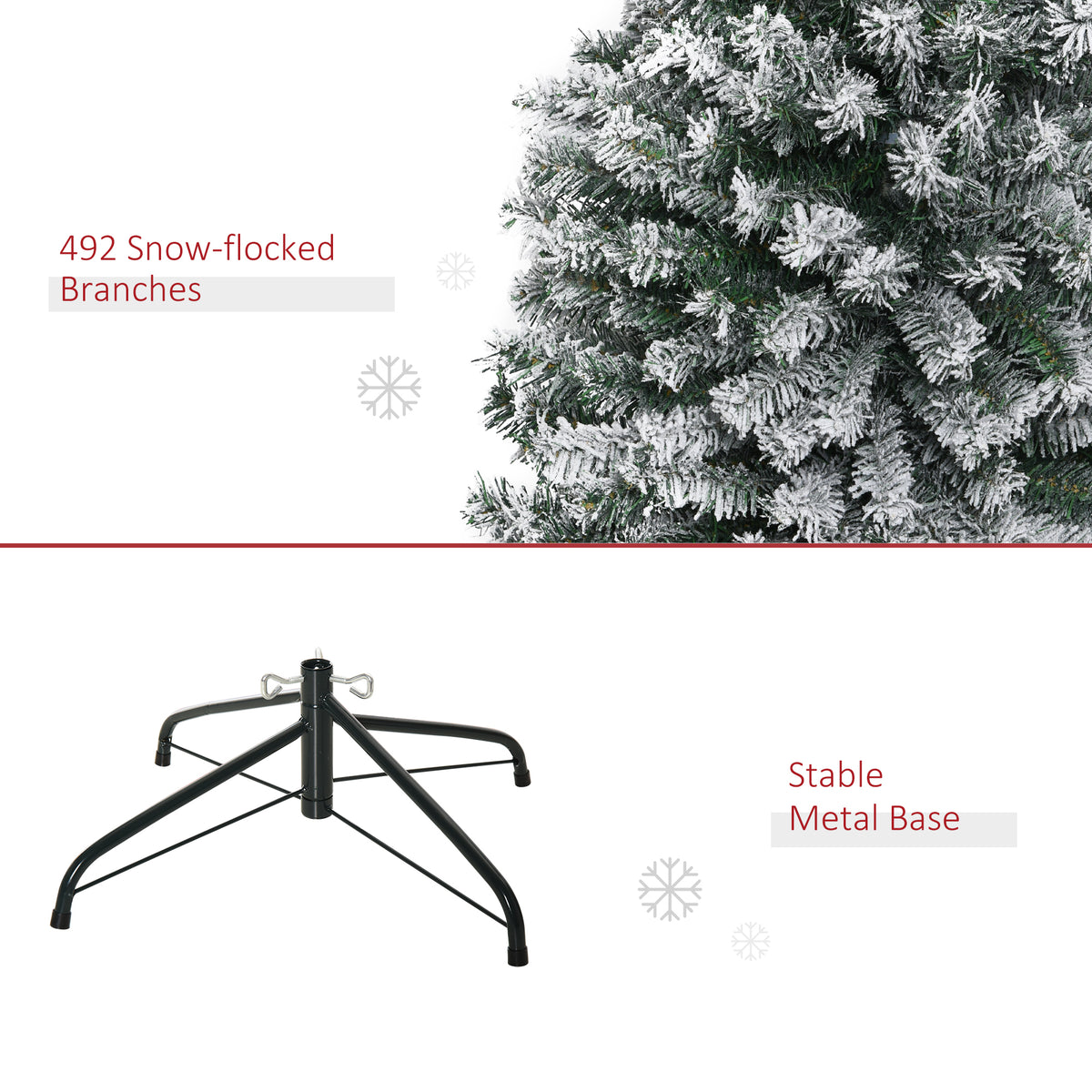 6ft Flocked Christmas Tree, Pencil Artificial Xmas Tree with Faux Snow, Dense Branches, Foldable Metal Base for Indoor Holiday Decor