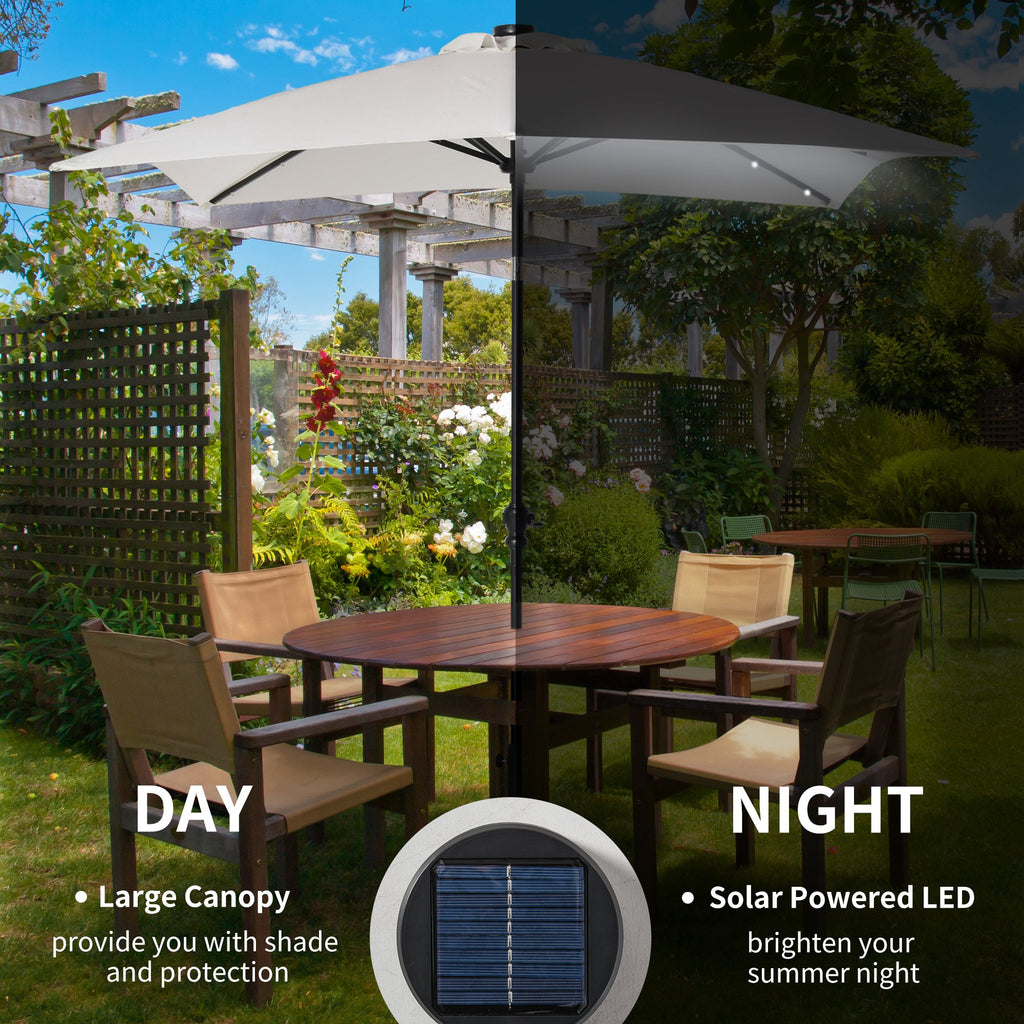 9' x 7' Patio Umbrella Outdoor Table Market Umbrella with Crank, Solar LED Lights, 45° Tilt, Push-Button Operation, for Deck, Backyard, Pool and Lawn, White