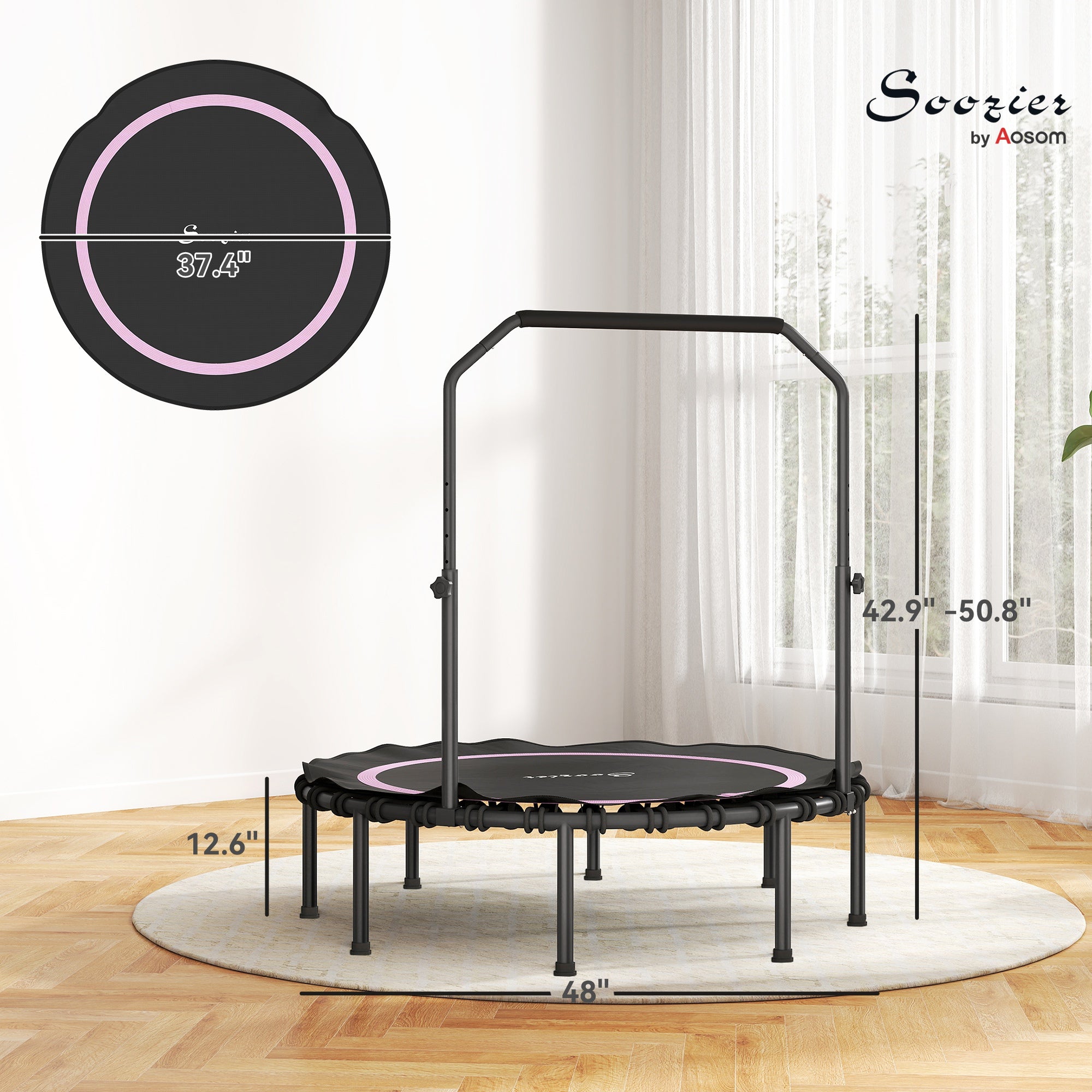 48" Rebounder Trampoline for Adults, Foldable Mini Trampoline with Adjustable Handle Bar for Indoor Outdoor, Pink