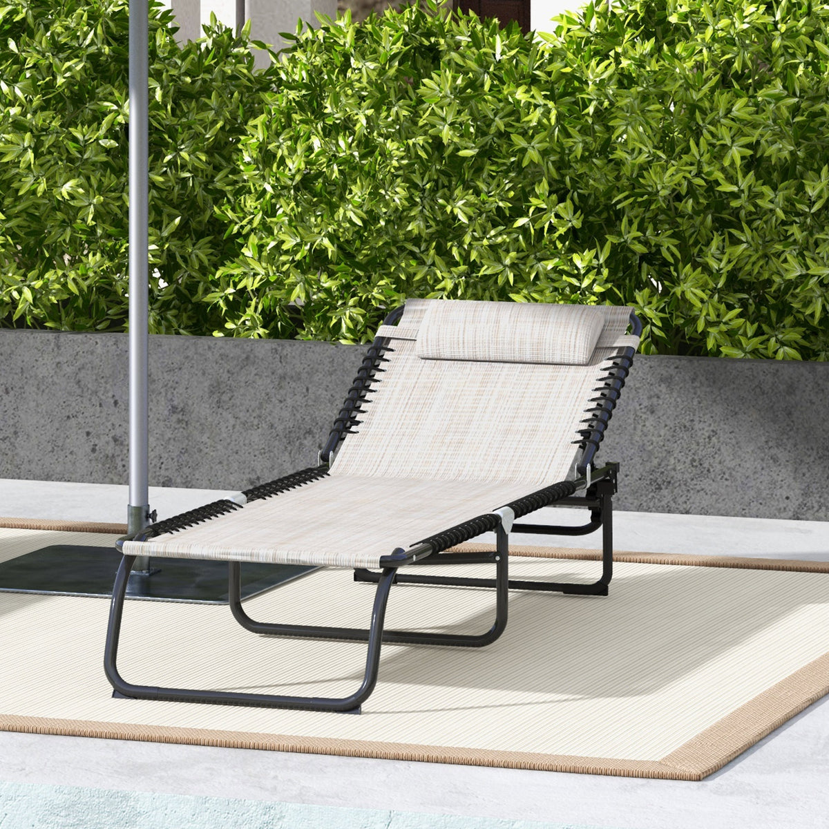 Foldable Chaise Lounge, 3-Position Reclining Back, Portable design and Breathable Mesh for Poolside, Camping, Hiking - Cream White