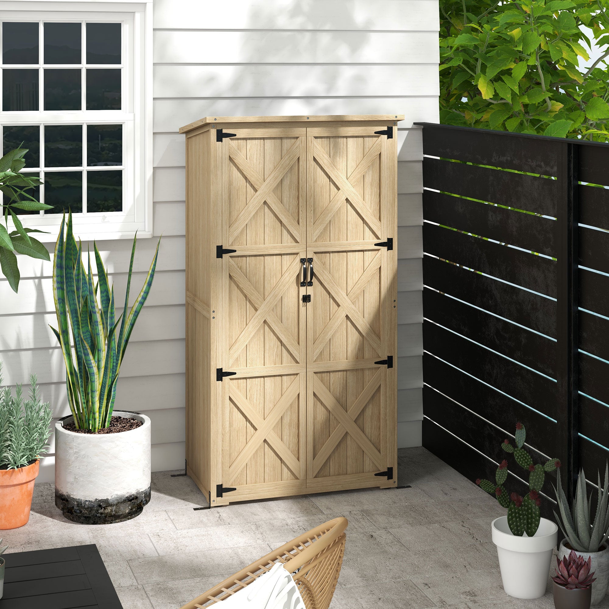 Wooden Outdoor Storage Cabinet Garden Shed with Waterproof Asphalt Roof and Lockable Doors, Natural