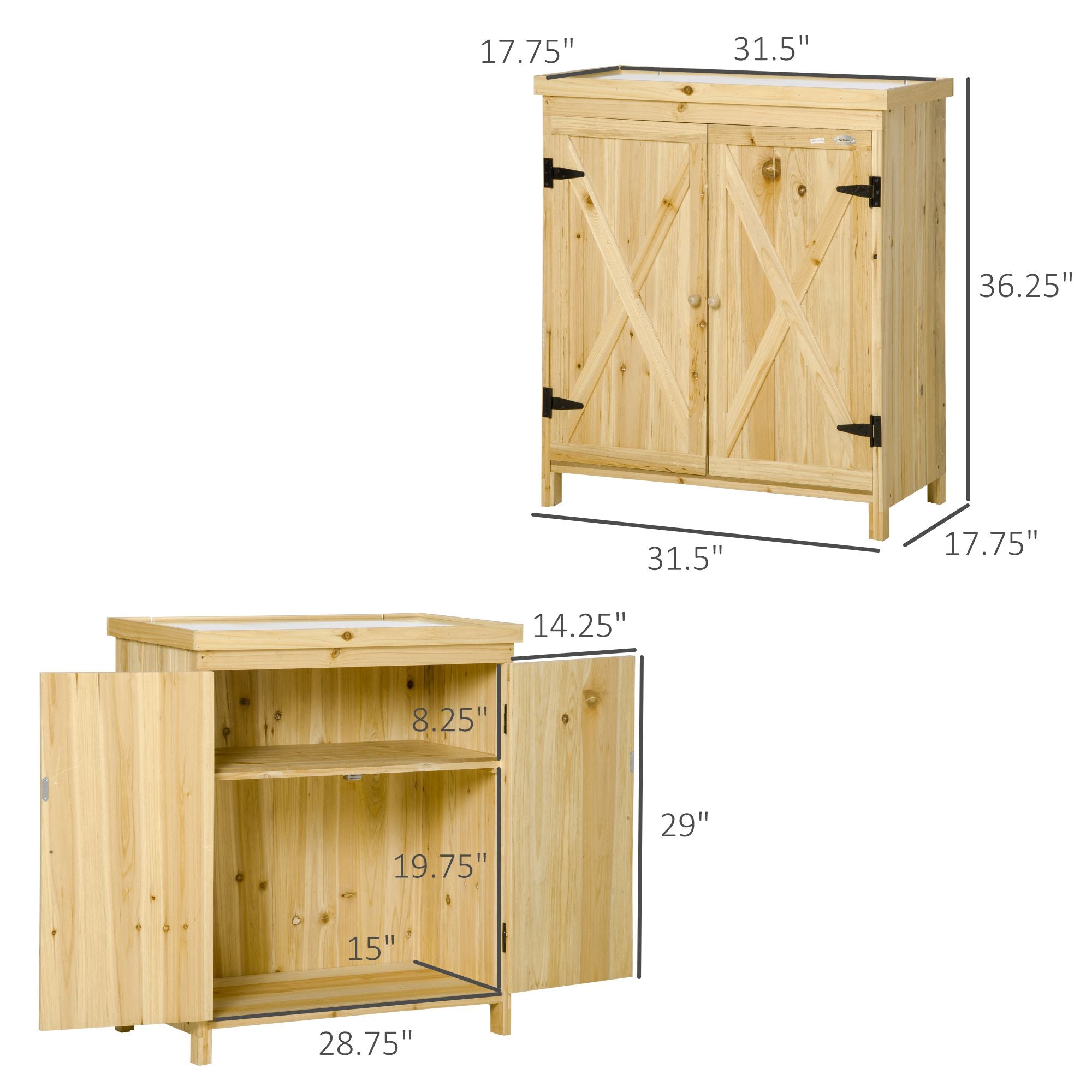 Garden Storage Cabinet, Outdoor Tool Shed with Galvanized Top and Two Shelves for Yard Tools or Pool Accessories, Natural