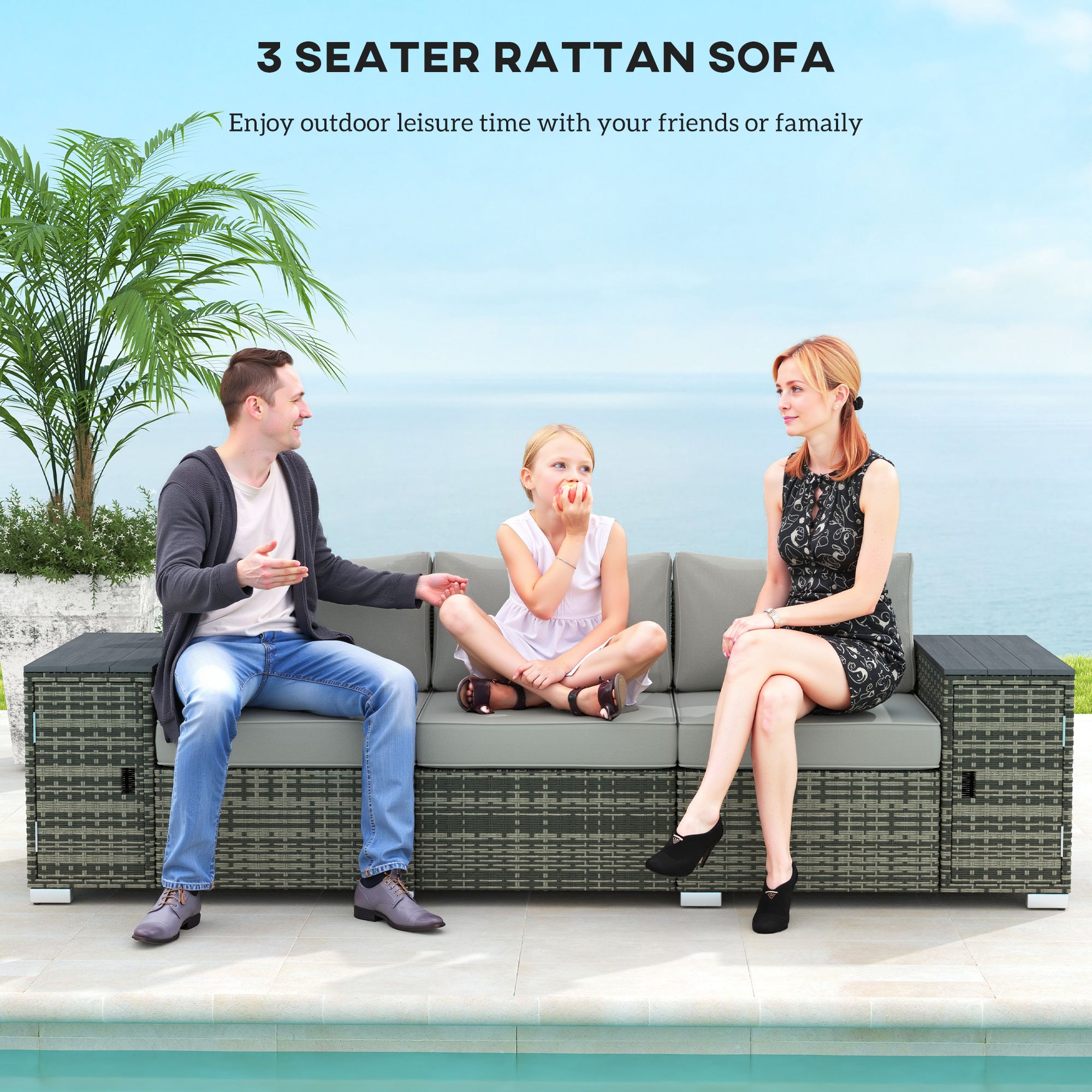3 Seater Wicker Outdoor Couch Patio Sofa with Storage, Thickened Cushions and Wide Armrests for Porch Yard, Gray