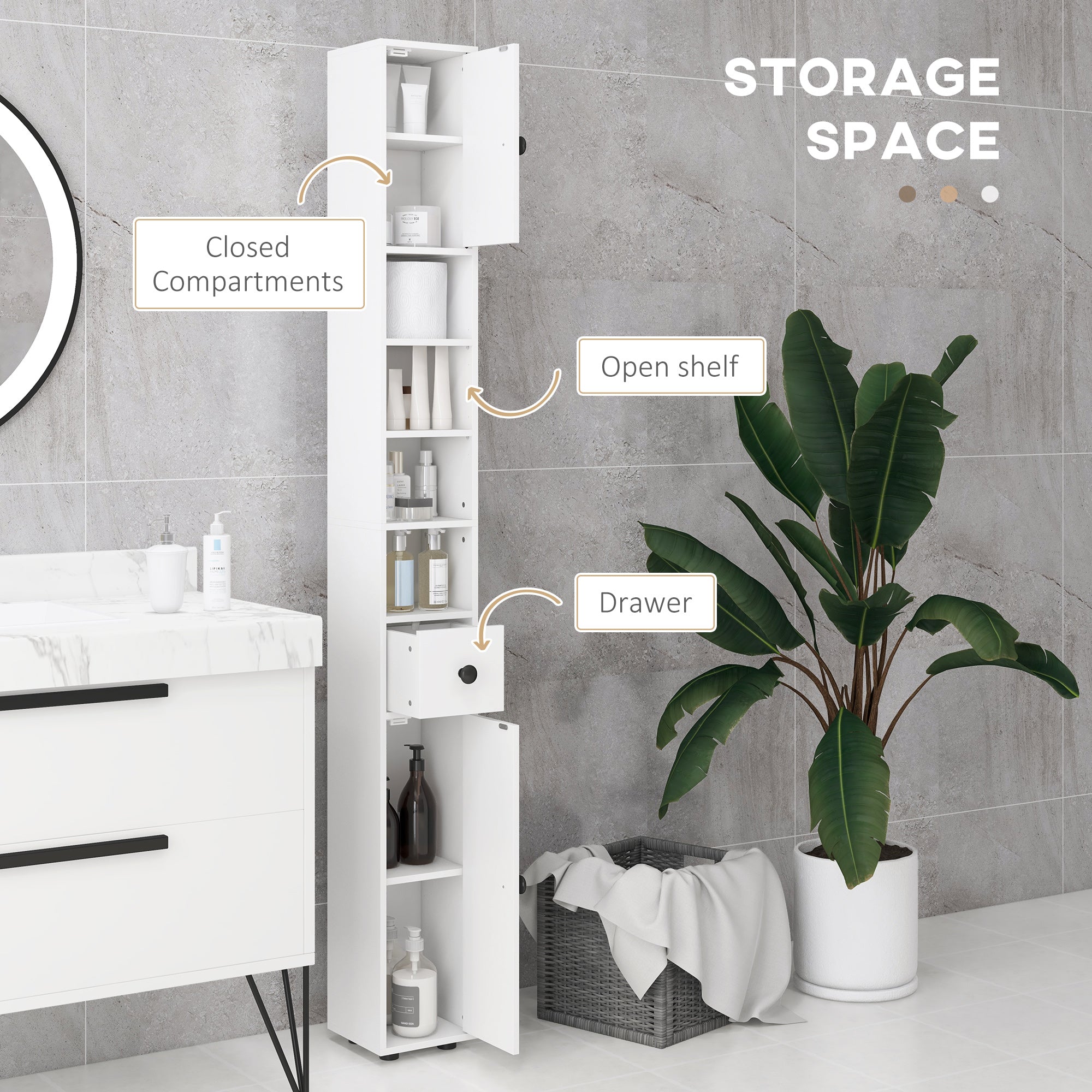 71" Small Bathroom Storage Cabinet, Narrow Toilet Paper Cabinet with Open Shelves, 2 Cabinets, Adjustable Shelves, White