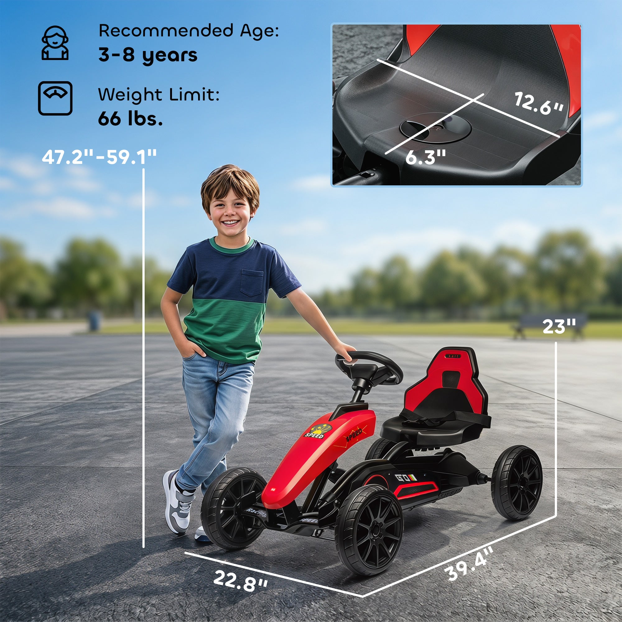 Kids Pedal Go Kart w/ Swing Axle, Shock-Absorbing Wheels, Red