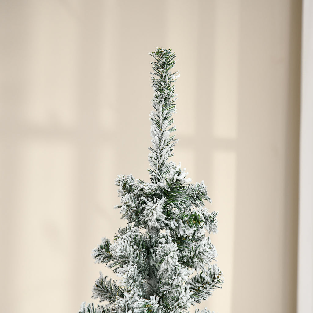 6ft Flocked Christmas Tree, Pencil Artificial Xmas Tree with Faux Snow, Dense Branches, Foldable Metal Base for Indoor Holiday Decor