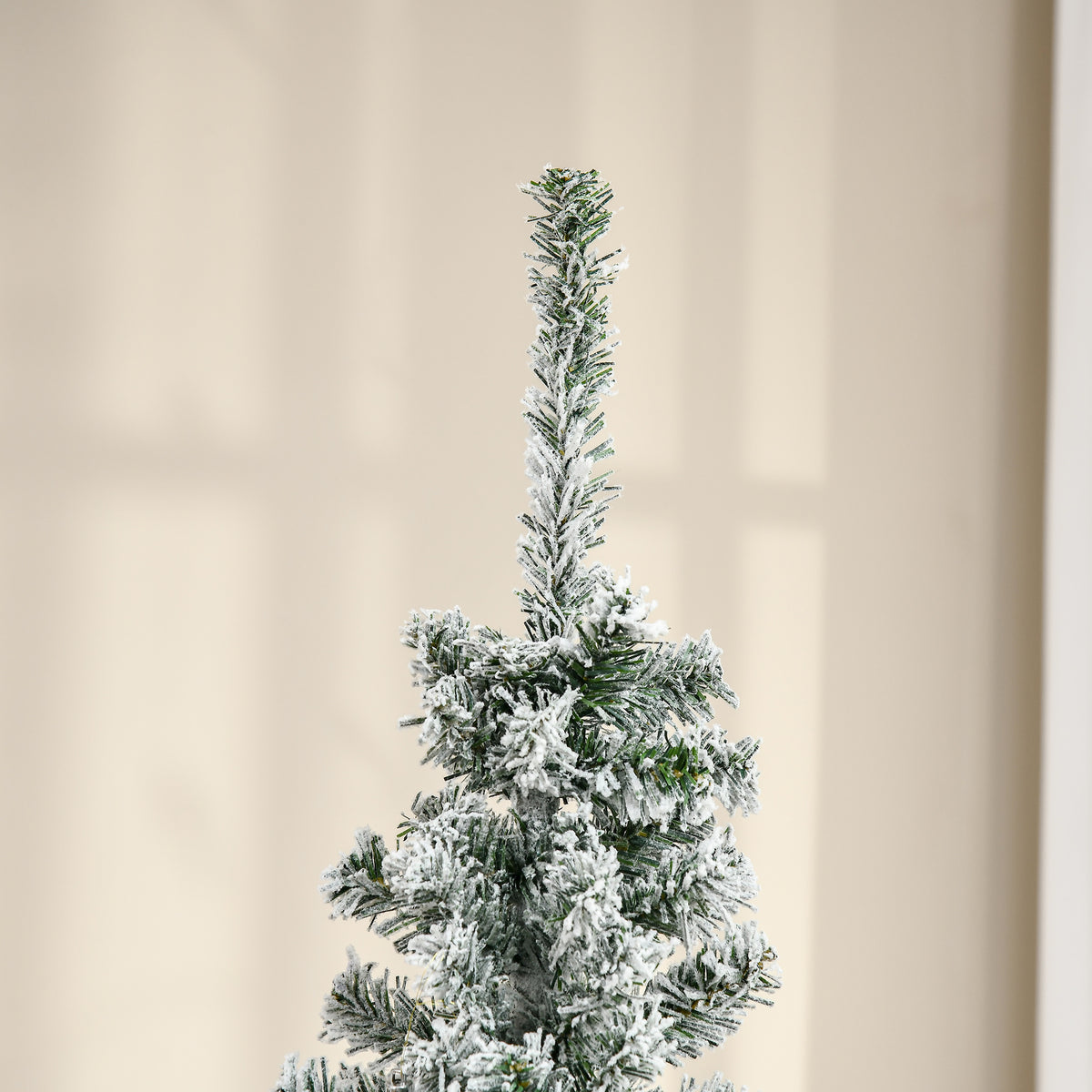 6ft Flocked Christmas Tree, Pencil Artificial Xmas Tree with Faux Snow, Dense Branches, Foldable Metal Base for Indoor Holiday Decor
