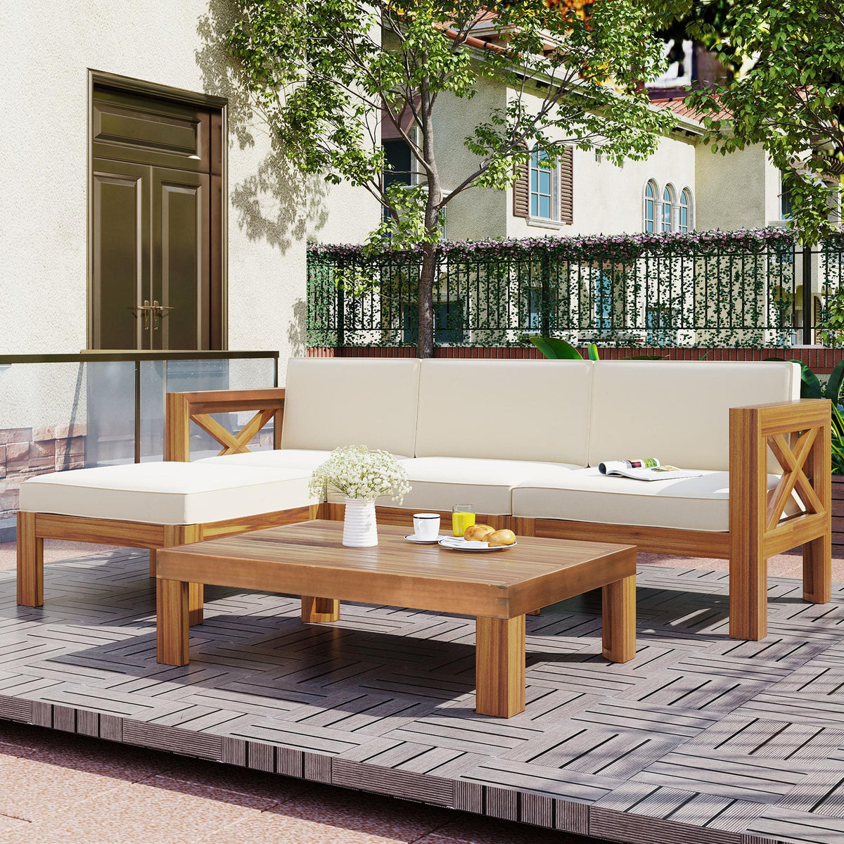 Casual Outdoor Sectional Sofa with Wood Frame & Cushions, Patio Seating Group for Backyard, 25.5" L x 25.5" W x 25.5" H, Beige