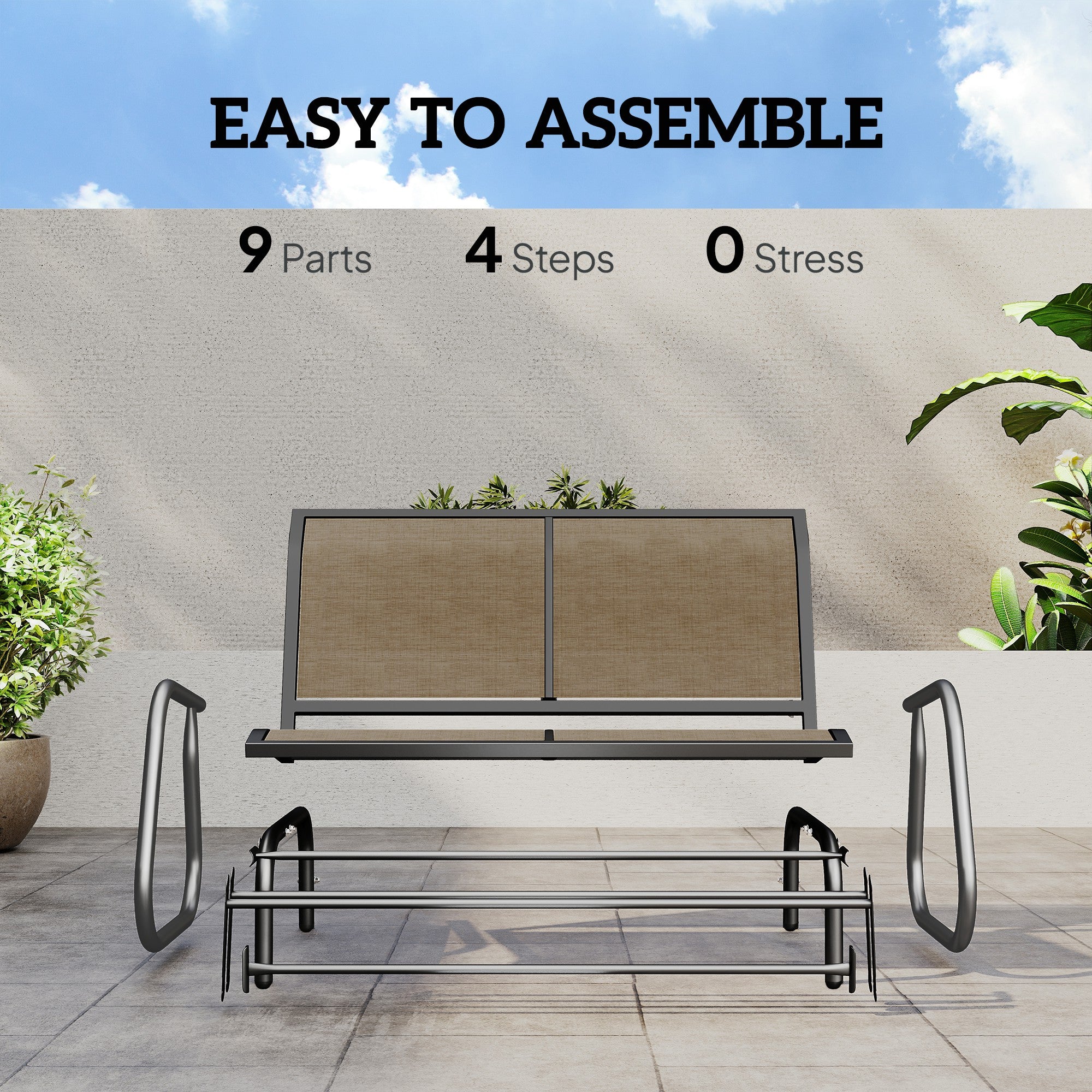 2-Person Outdoor Glider Bench, Patio Double Swing Rocking Chair Loveseat with Steel Frame, Light Mixed Brown