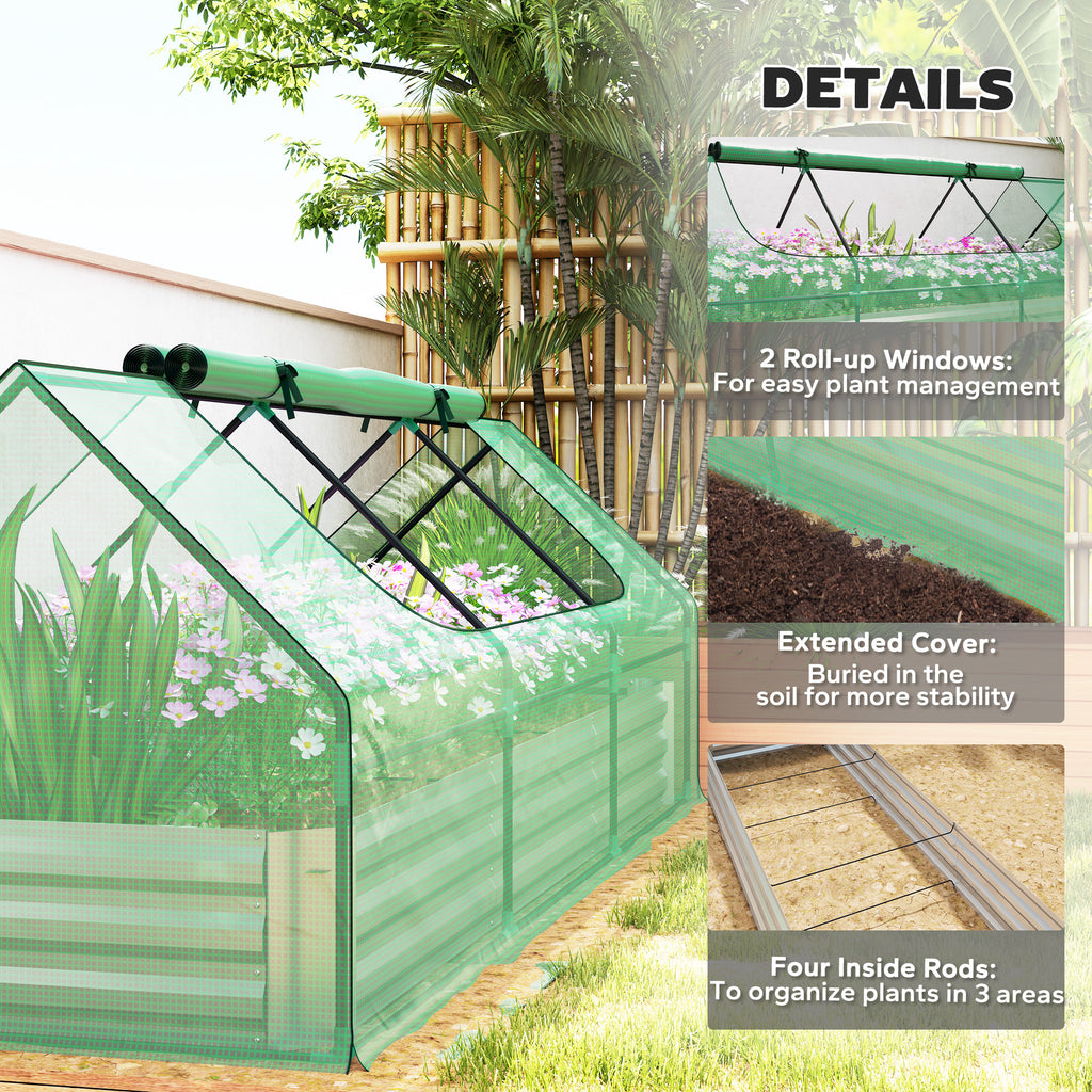 8.6 x 3 x 1ft Metal Planter Box with Mini Greenhouse, Galvanized Raised Garden Bed with Cover for Herbs and Vegetables, Small Greenhouse for Patio Garden Balcony, Green and Silver