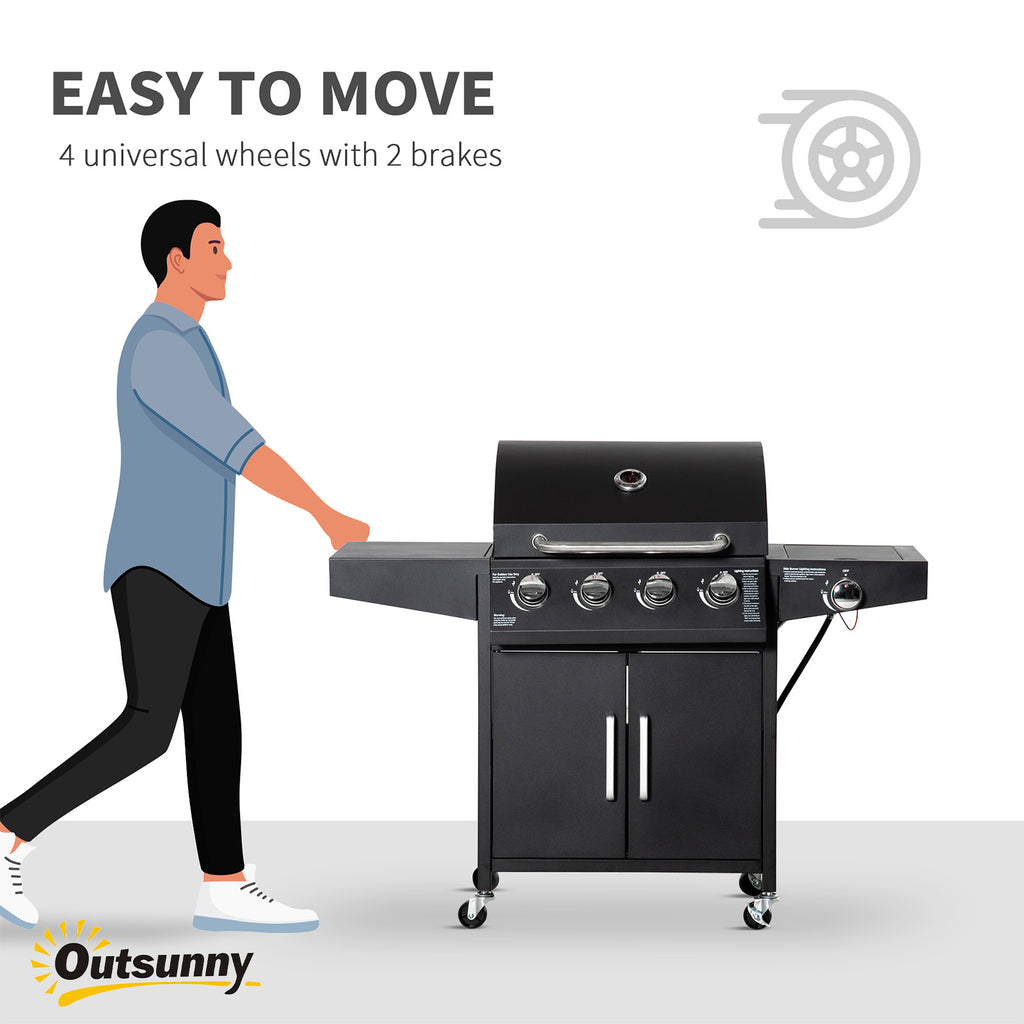 52" Barbecue Grill with Wheels 4+1 Burner Liquid Propane Gas Grill Outdoor Cabinet Style BBQ Trolley w/ Side Burner, Warming Rack