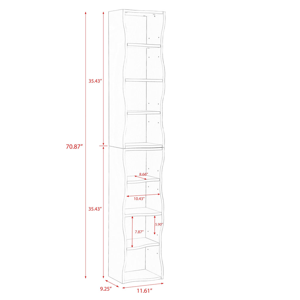 8-Tier Adjustable Slim Bookshelf with Adjustable Shelves, Anti-Tip Hardware, Detachable Cabinets for Living Room, 11.5" L x 9.5" W x 71" H, Gray