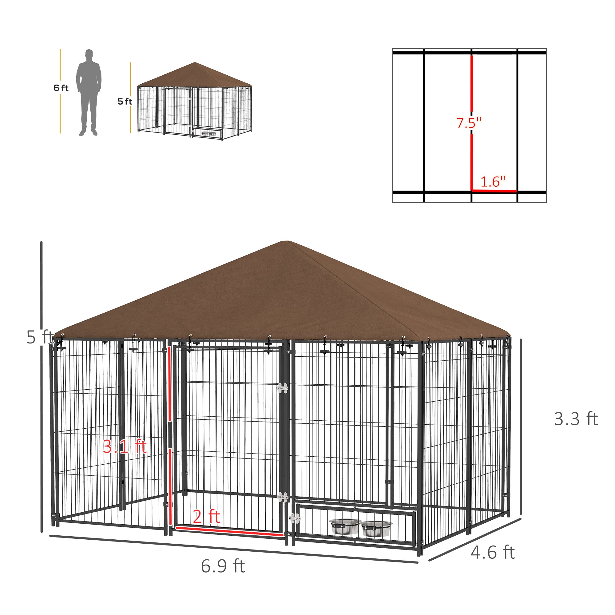 Outside Dog Kennel, 6.9' x 4.6' x 5' Puppy Play Pen with Canopy, Garden Playpen Fence Crate with Rotating Bowl, Black