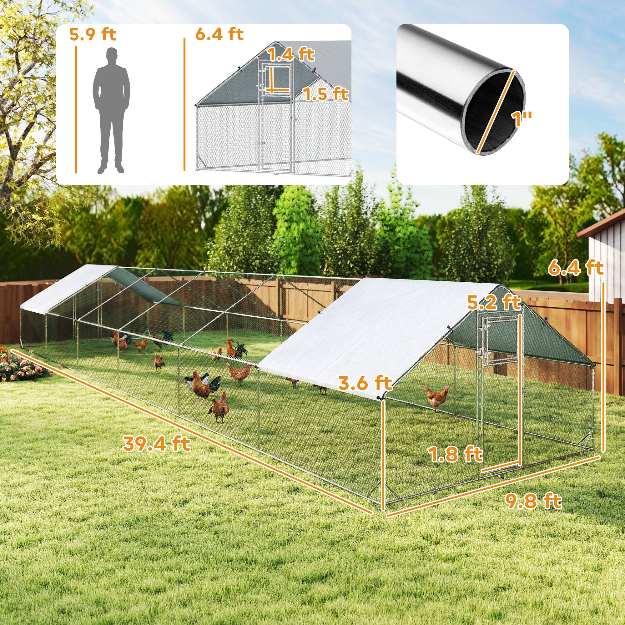 Large Chicken Coop with Waterproof and Anti-UV Cover, Spire Shaped for Outdoor and Yard Farm Use, 39' x 10' x 6.4'