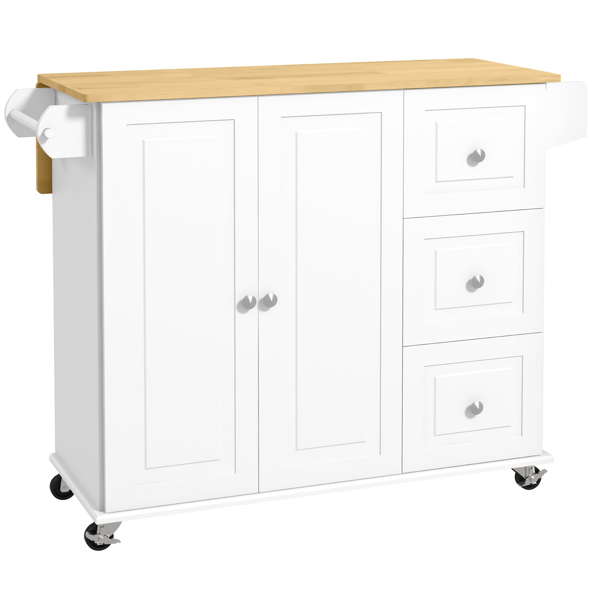 Kitchen Island with Drop Leaf, Rolling Kitchen Cart on Wheels with 3 Drawers, Cabinet, Natural Wood Top, Spice Rack and Towel Rack, White
