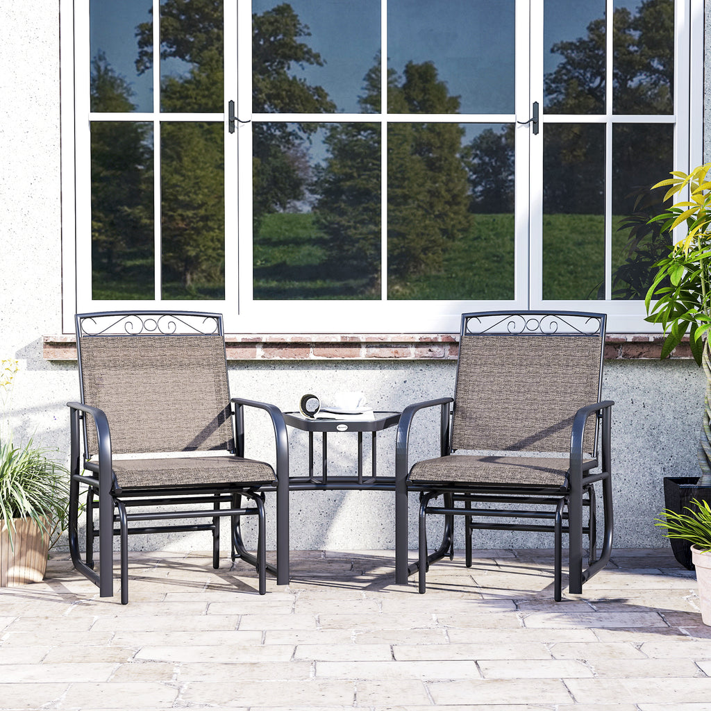 Outdoor Glider Chairs with Coffee Table, Patio 2-Seat Rocking Chair Swing with Breathable Sling for Backyard, Garden and Porch, Brown