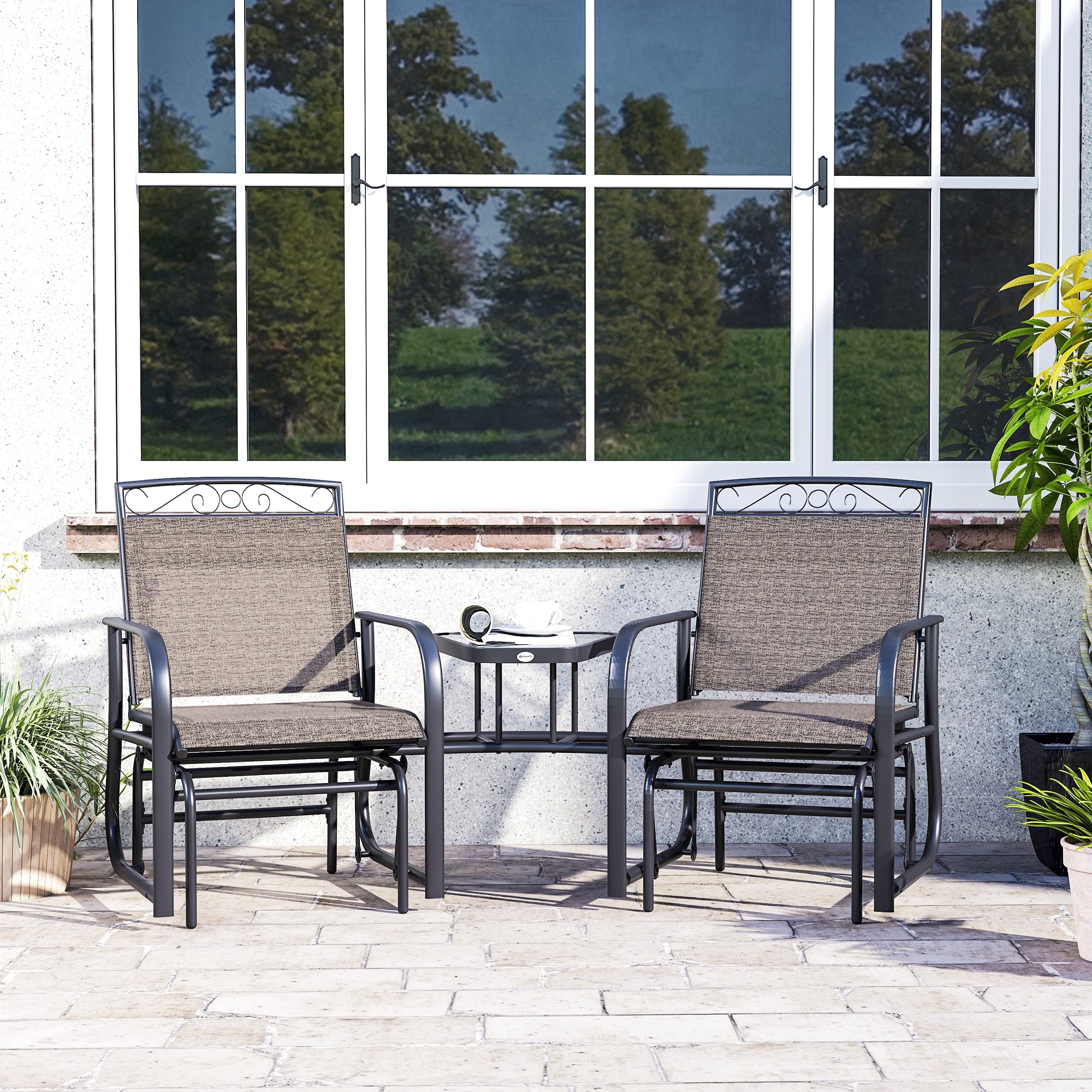 Outdoor Glider Chairs with Coffee Table, Patio 2-Seat Rocking Chair Swing with Breathable Sling for Backyard, Garden and Porch, Brown