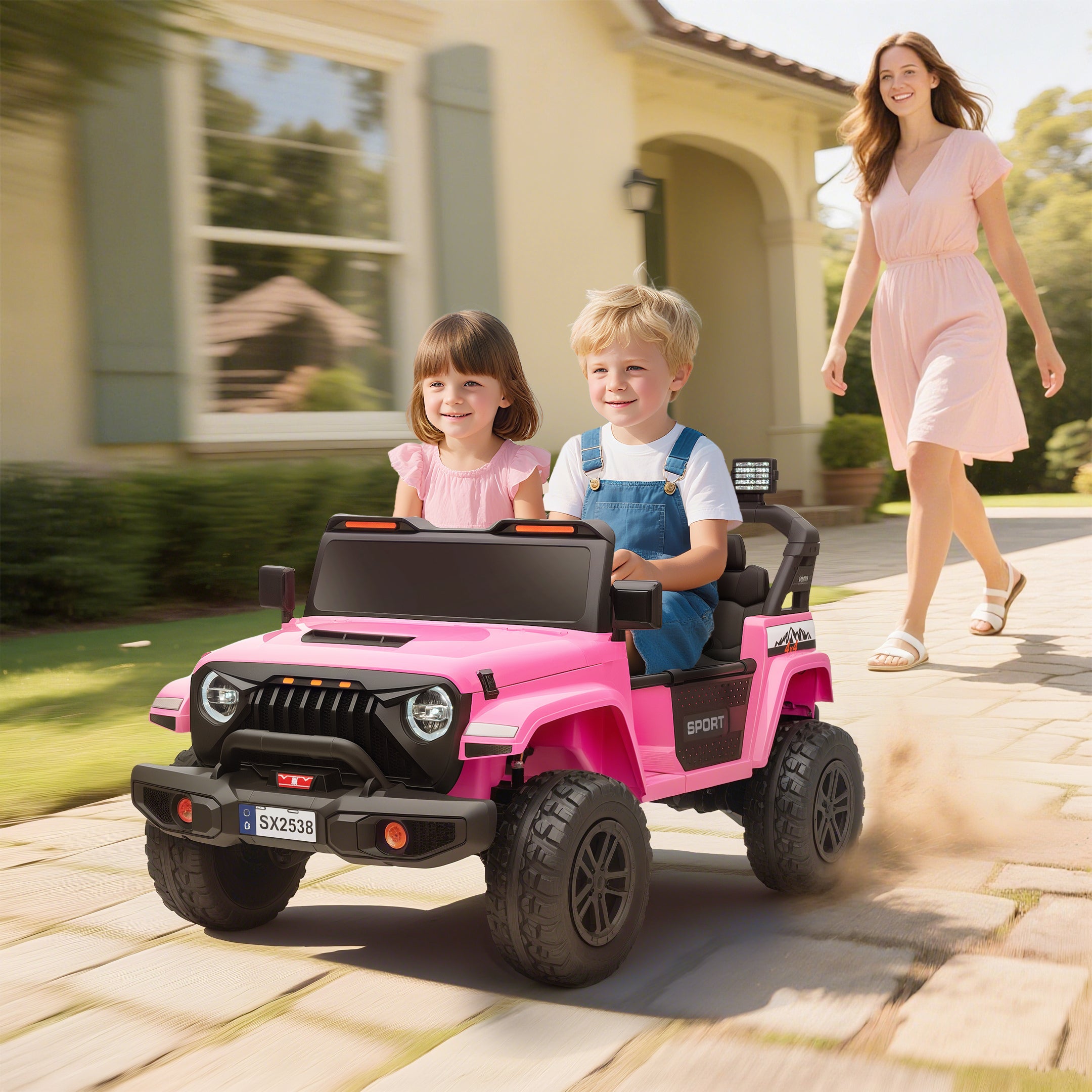 Ride on Truck Car with 2-Seater, 24V Electric Car with 4 Motors, Remote Control, Spring Suspension for 3-8 Years, Pink