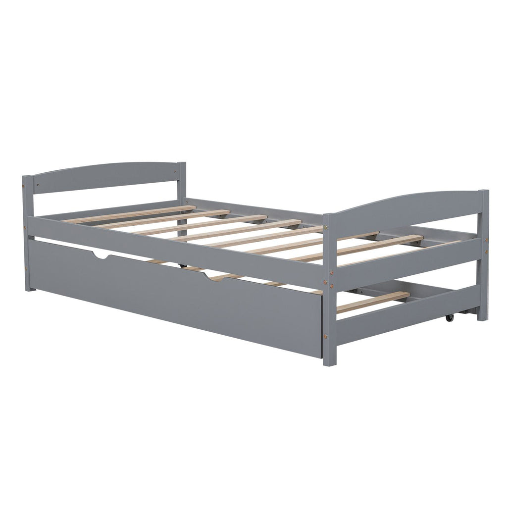 Twin Size Platform Bed with Twin Size Trundle, Headboard and Footboard, Sturdy Pine Wood Construction, 77.5" L x 40.5" W x 22" H, Gray