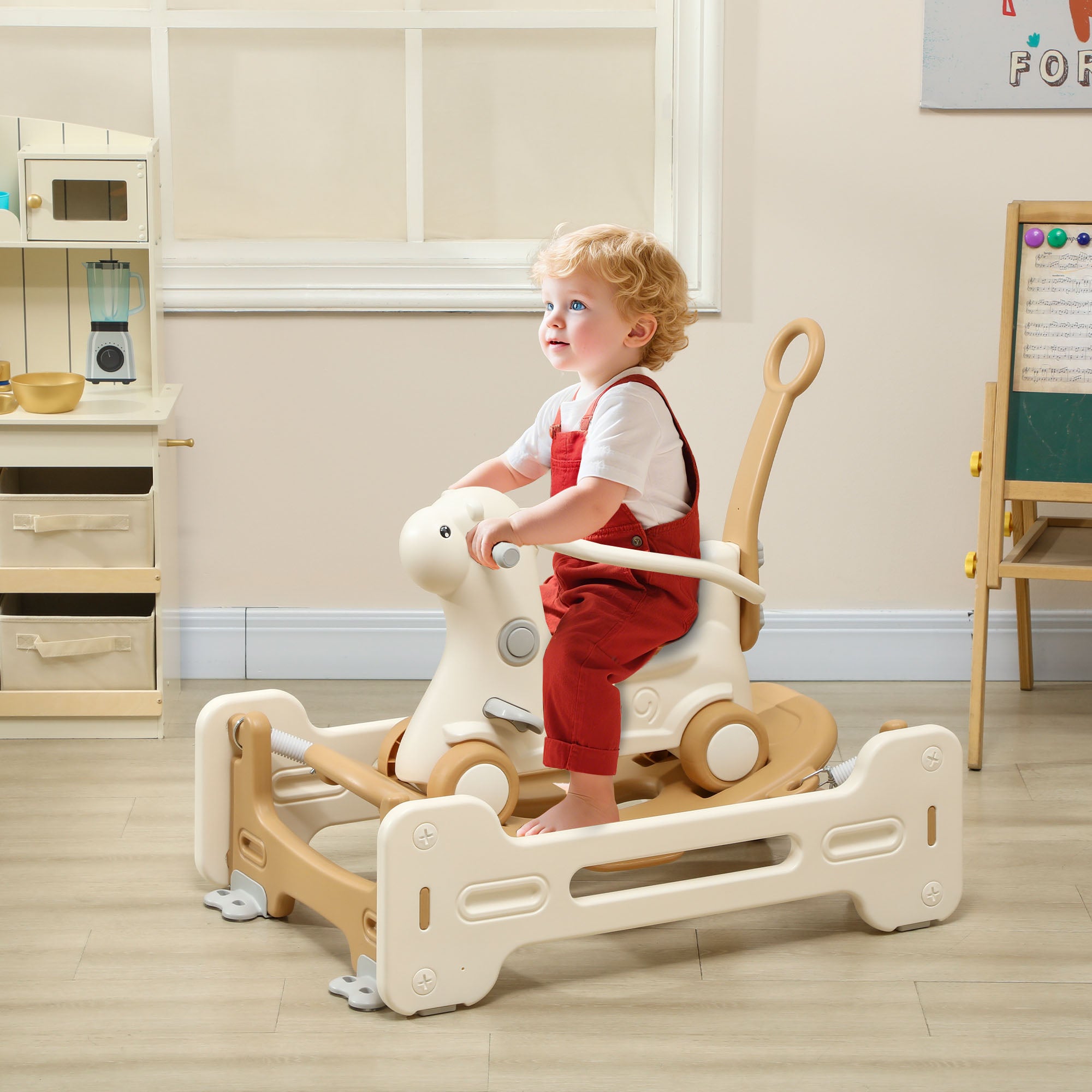 5 in 1 Kids Rocking Horse with Detachable Base, Safety Guardrails, Footrests, Push Handle for Ages 1-3, Brown