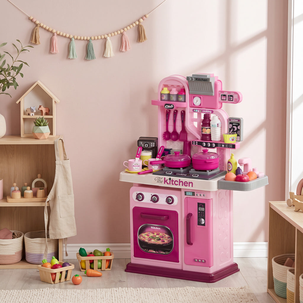 Kids Play Kitchen with Lights, Sounds, 33 Accessories & Storage for Toddler 3-6 Years