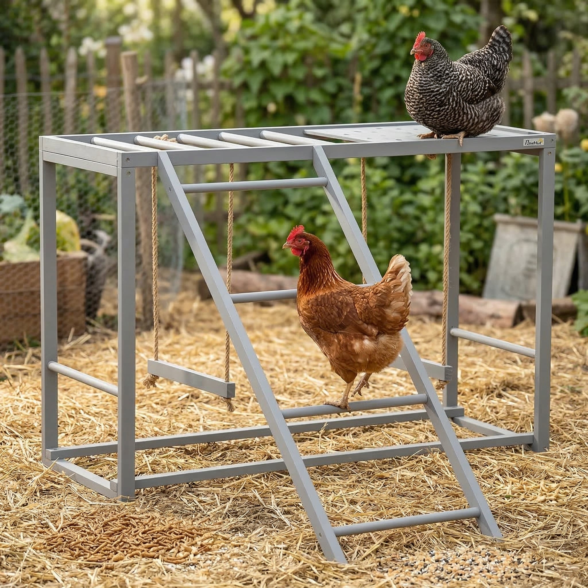 Chicken Activity Play with Swing Set for 3–4 Birds, Wooden Chicken Coop Accessory with Multiple Perches & Hen Ladder, Gray