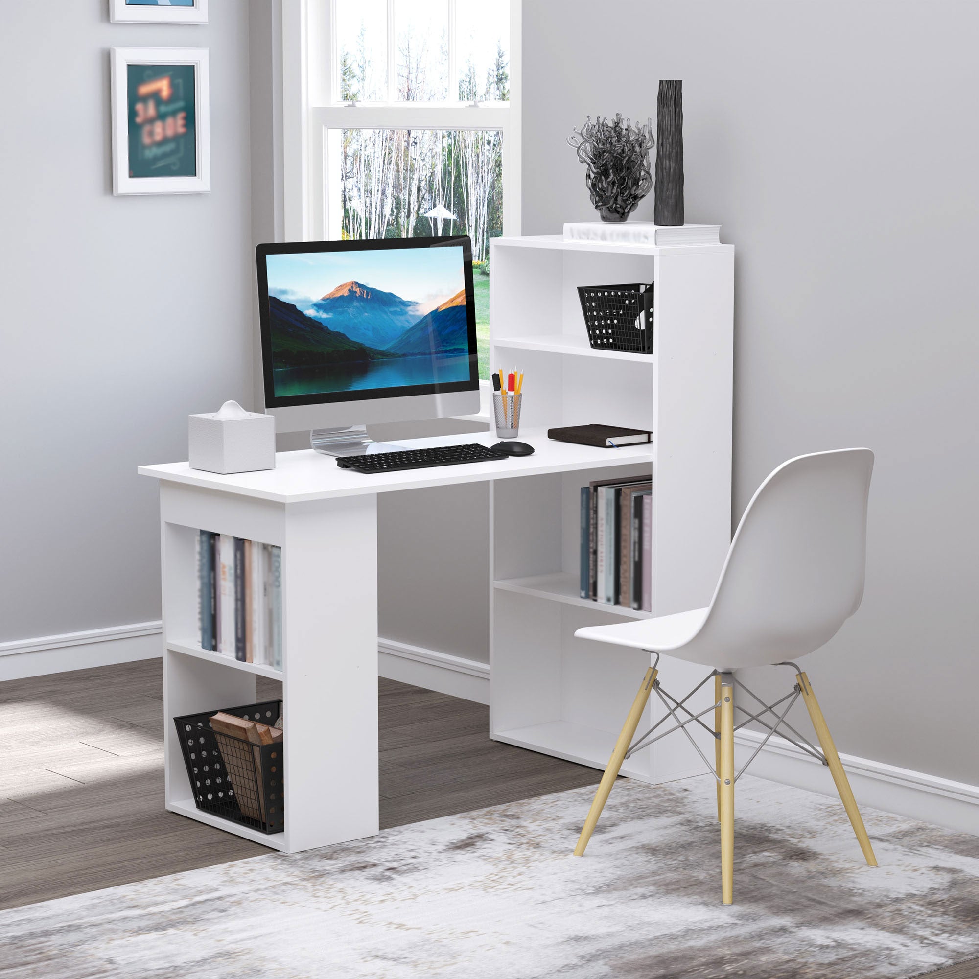 Computer Desk with 6-Tier Storage Shelves, Writing Desk Workstation with Bookshelf for Home Office, White