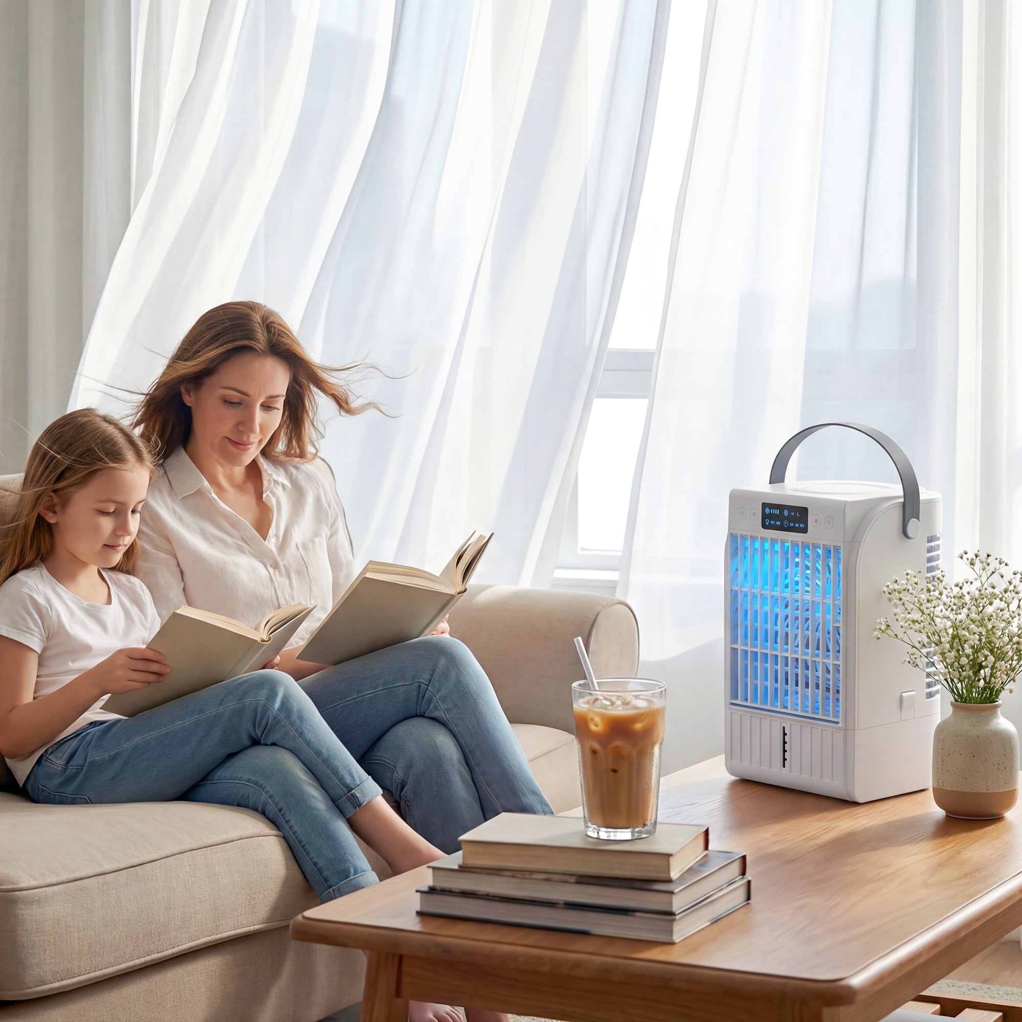 Evaporative Air Cooler, 4-in-1 Portable Air Conditioner with 4 Wind Speed, 2 Mist Mode, RGB 7 LED Light