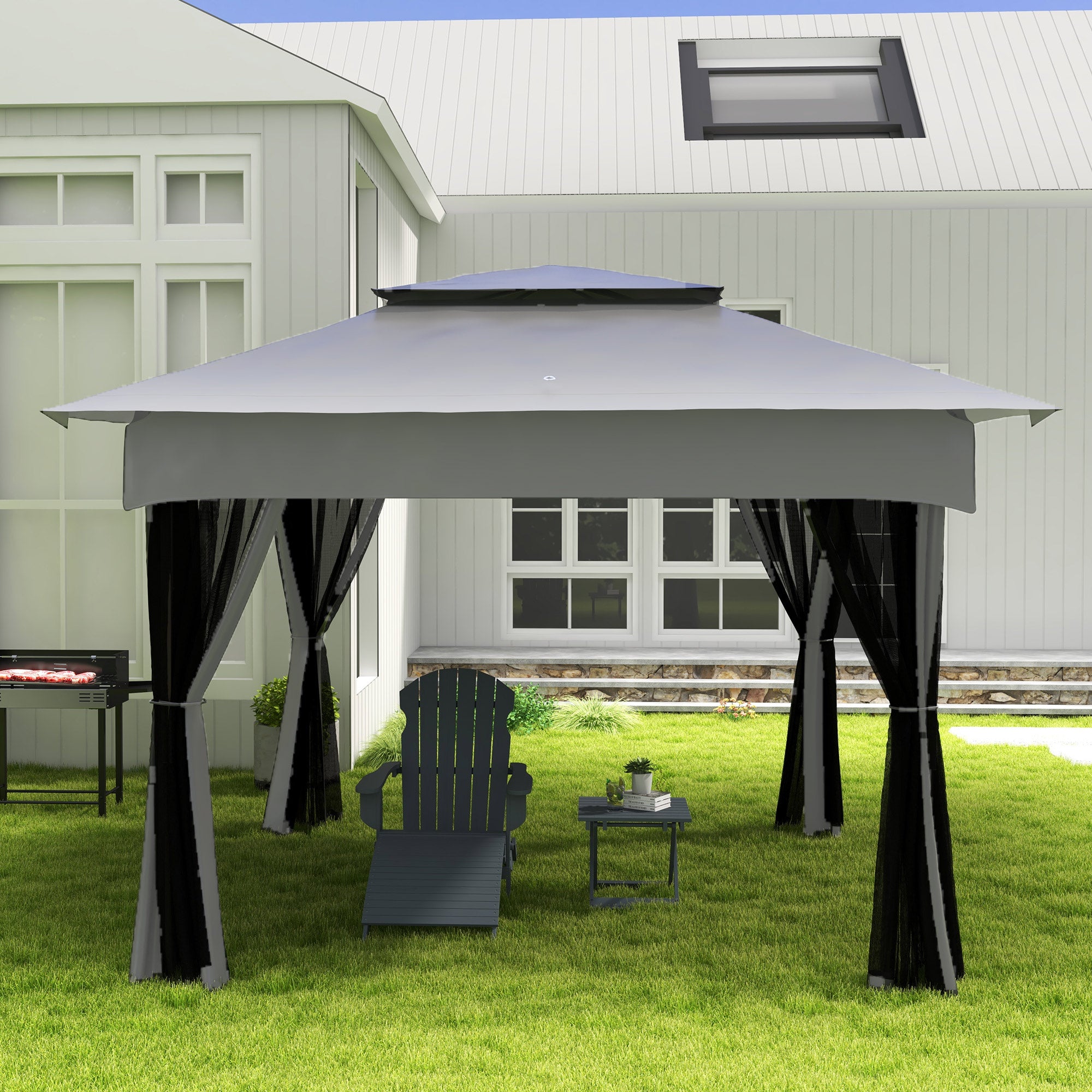 11x11 Canopy Gazebo, Portable Outdoor Patio Shelter with Zipper Mesh Privacy Netting, Carry Bag Included, for Family Use, Light Gray