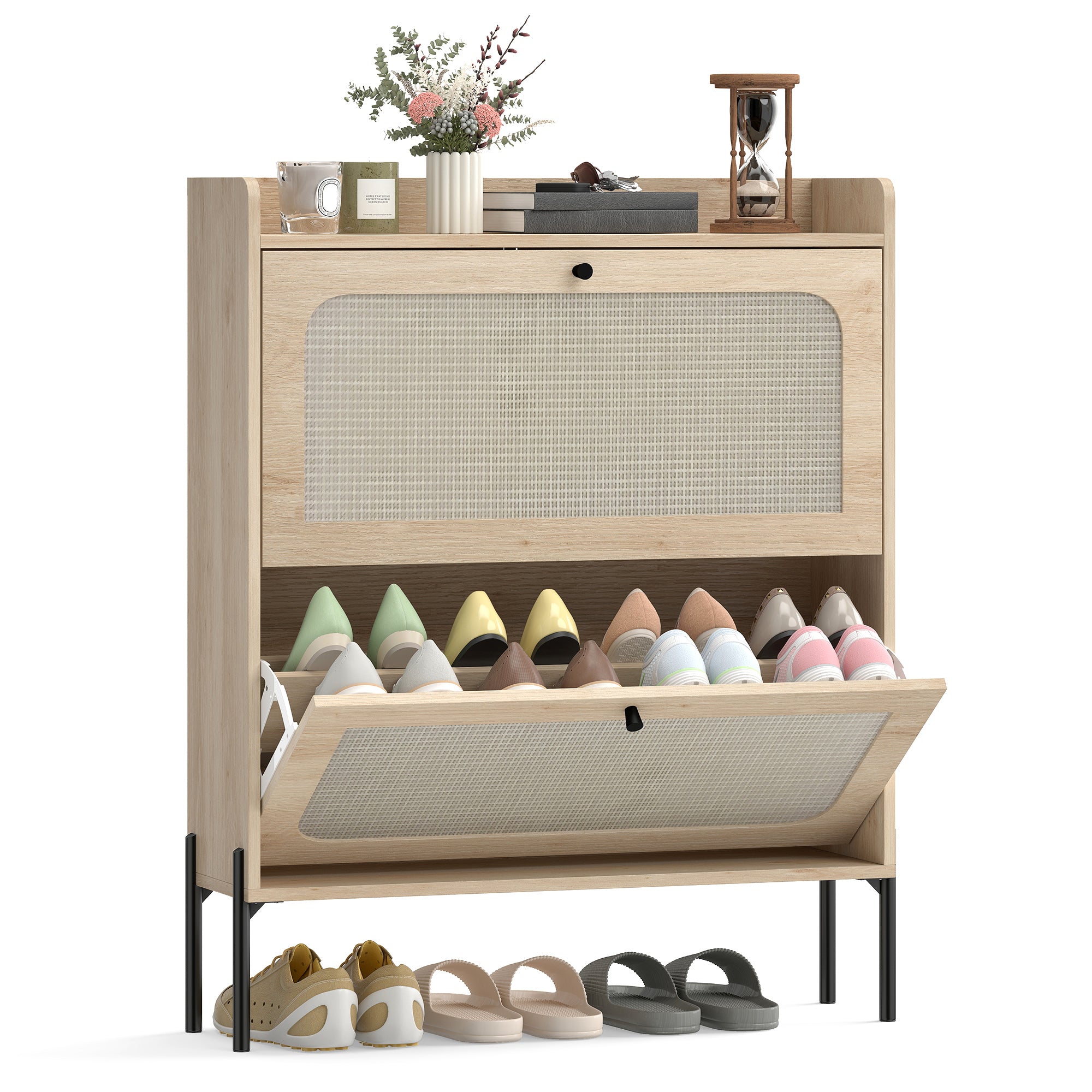 Shoe Cabinet with 2 Flip Drawers, Boho Narrow Shoe Storage Cabinet, Oak