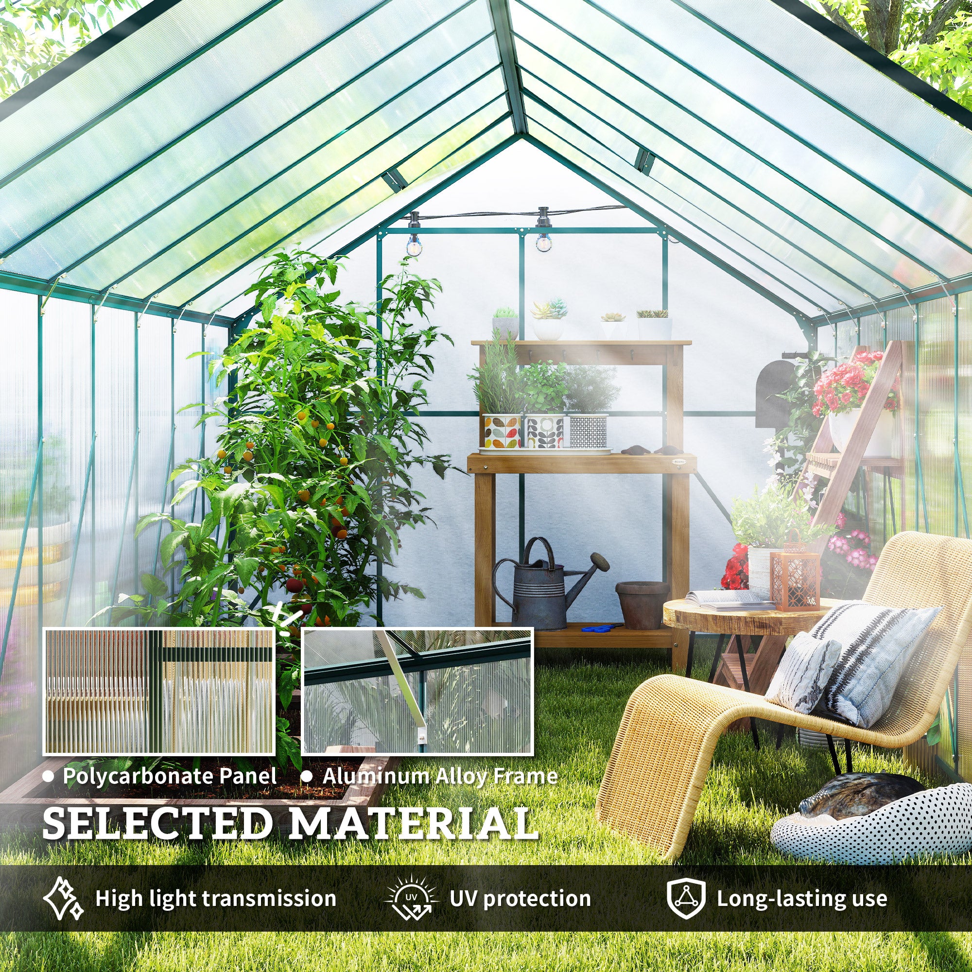 16' x 8' Aluminum Greenhouse Polycarbonate Walk-in Garden Greenhouse Kit with Adjustable Roof Vent, Rain Gutter and Sliding Door for Winter, Clear