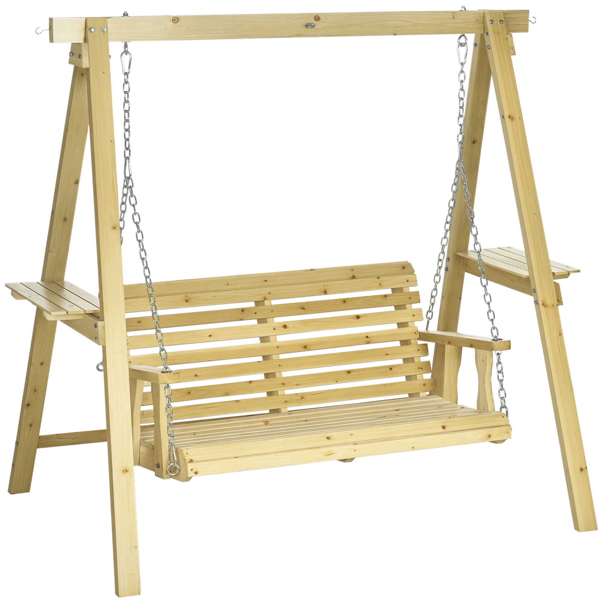 2-Seat orch Swing with Stand, Wooden Patio Swing Chair with Side Tables and Metal Chains, Outdoor Hanging Bench for Garden, Poolside, Backyard, Natural Wood