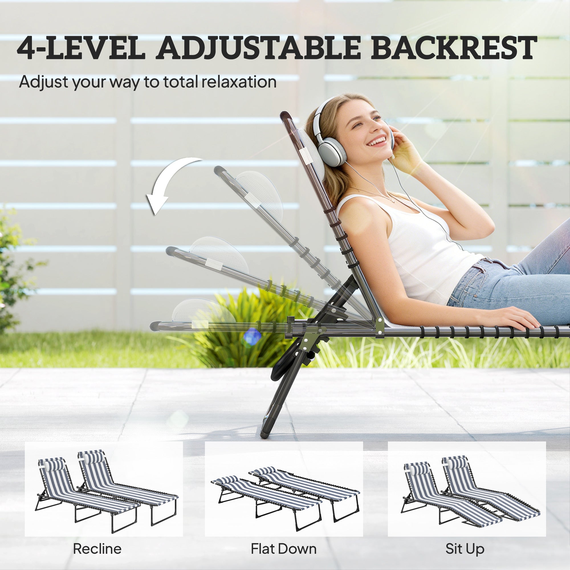 2 Folding Chaise Lounge Pool Chairs with 4-Position Reclining Back, Pillow, Breathable Mesh & Bungee Seat, Blue White