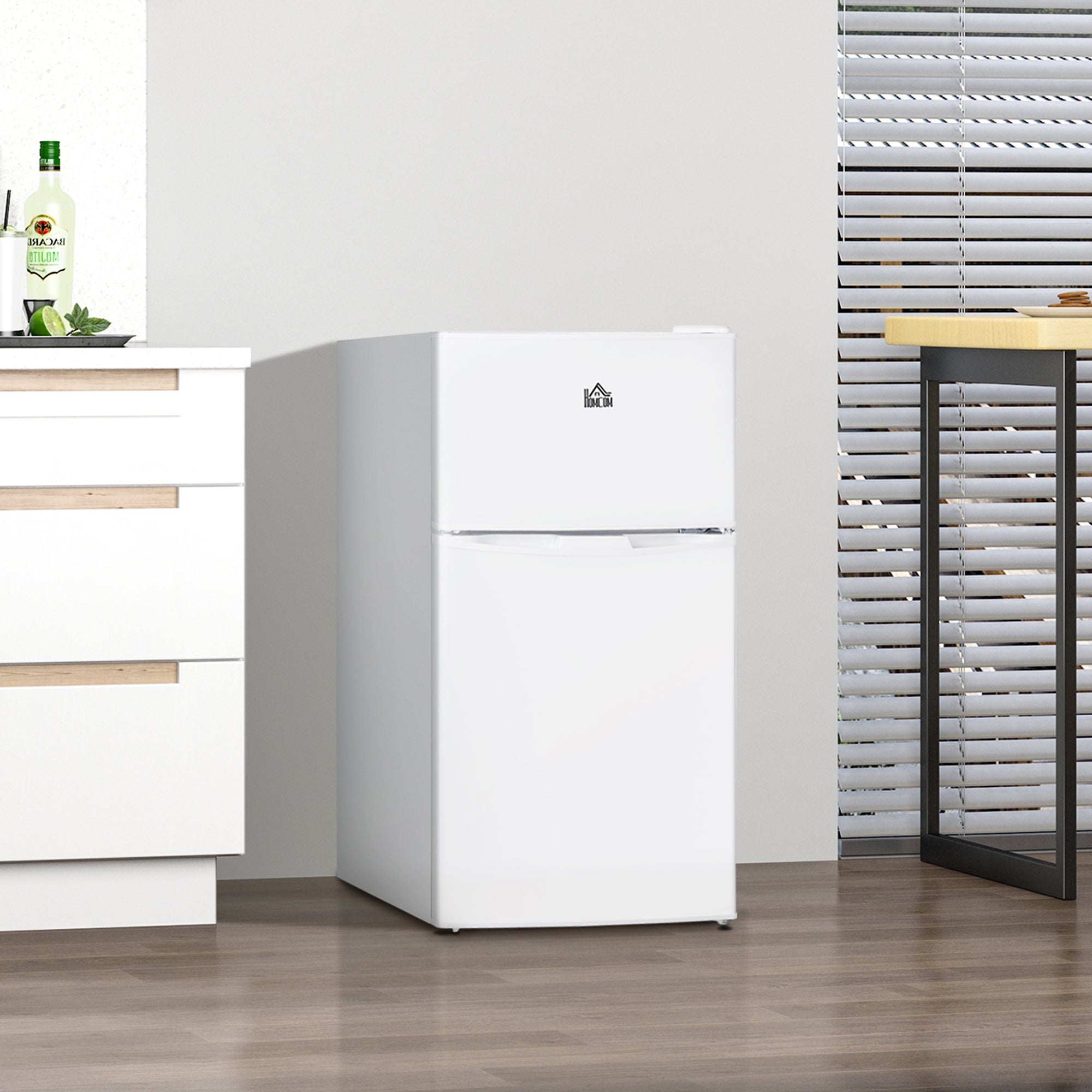 3.2 Cu.Ft Mini Fridge with Freezer, Compact Refrigerator with Adjustable Thermostat, Shelf and Double Reversible Door for Bedroom, Dorm, Home Office, Energy Efficient, White
