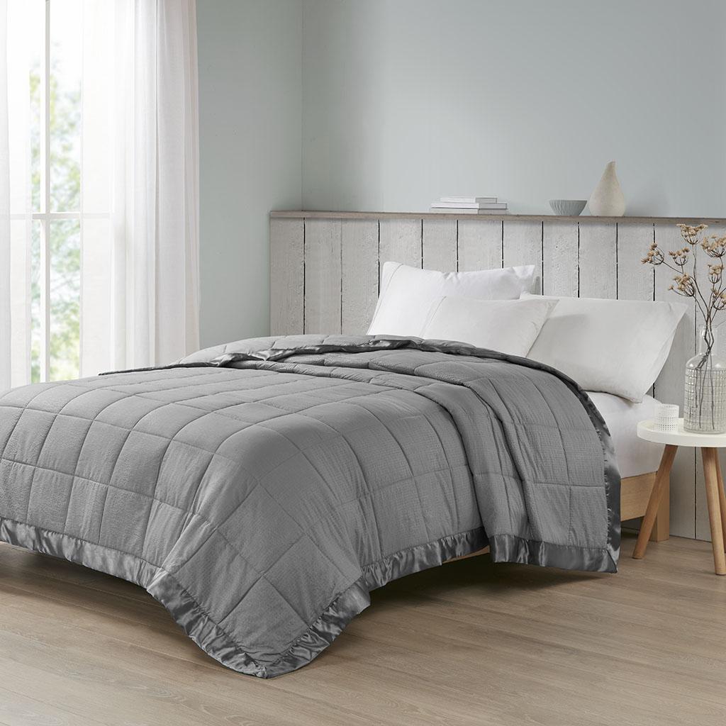 Hypoallergenic Oversized Down Alternative Blanket with Satin Trim, Embossed Texture, for Full and Queen Beds, 96" L x 90" W x 0.25" H, Charcoal