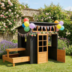 Outdoor Playhouse, Wooden Kids Playhouse w/ Picnic Table & Benches, Chalkboards, Half Door, Windows, for Kids Ages 3-8