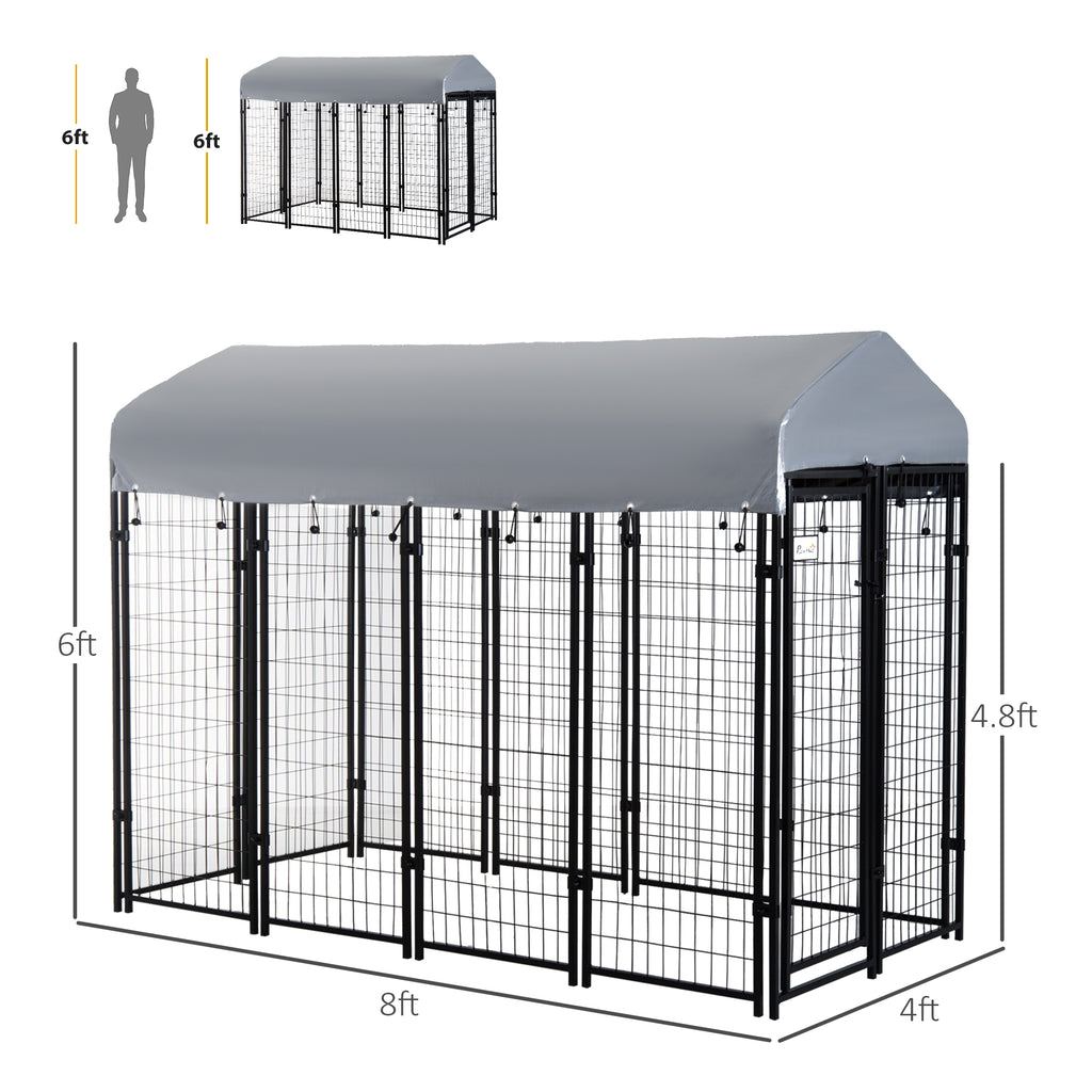 Outdoor Dog Kennel with Roof, 8' x 4' x 6' Heavy Duty Welded Wire Dog Playpen Enclosure with Escape-proof Lock, UV-Resistant & Waterproof Cover, for Large Dogs, Silver