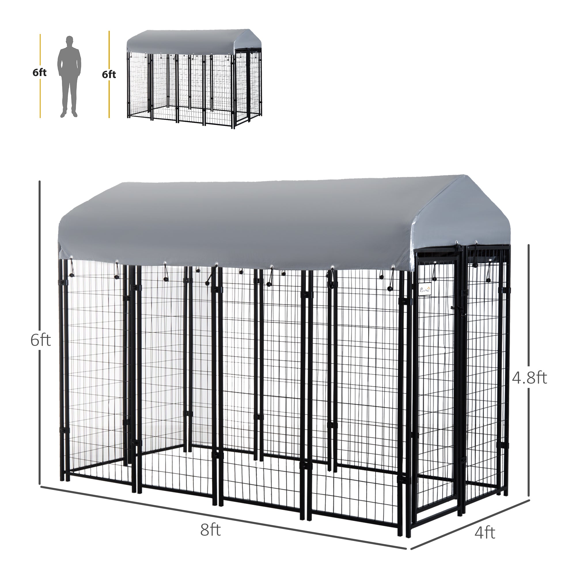 Outdoor Dog Kennel with Roof, 8' x 4' x 6' Heavy Duty Welded Wire Dog Playpen Enclosure with Escape-proof Lock, UV-Resistant & Waterproof Cover, for Large Dogs, Silver