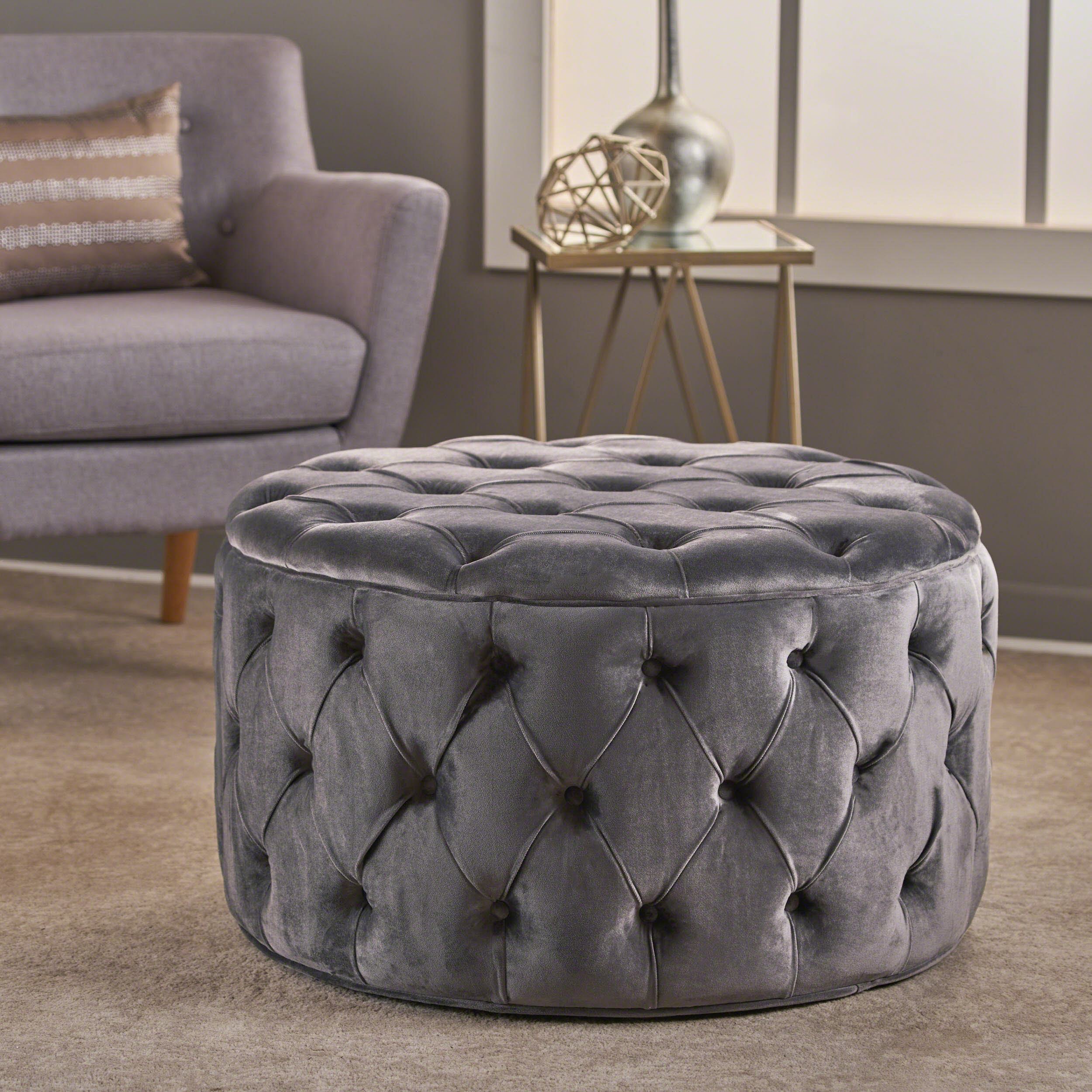 Modern Glam Round Velvet Ottoman with Cushioned Top, Sturdy Frame, and Space-Saving Design, 29.5" L x 29.5" W x 18" H, Gray