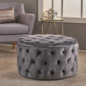 Modern Glam Round Velvet Ottoman with Cushioned Top, Sturdy Frame, and Space-Saving Design, 29.5" L x 29.5" W x 18" H, Gray