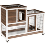 Wooden Rabbit Hutch Elevated Bunny Cage Indoor Small Animal Habitat with Enclosed Run with Wheels, Ramp, Removable Tray for Rabbits, Chickens, Ducks, Guinea Pigs, Brown