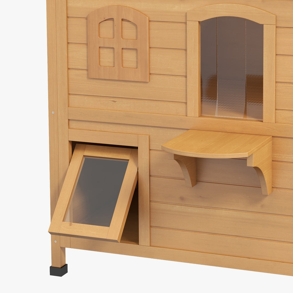 2-story Cat House Outdoor, Weatherproof Wooden Cat Enclosure for Feral Cats with Escape Door, Openable Roof, Jumping Platforms, Natural