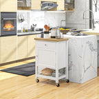 Kitchen Island on Wheels, Rolling Kitchen Cart with Rubberwood Top, Drawer, Wine Rack and Cabinet, White