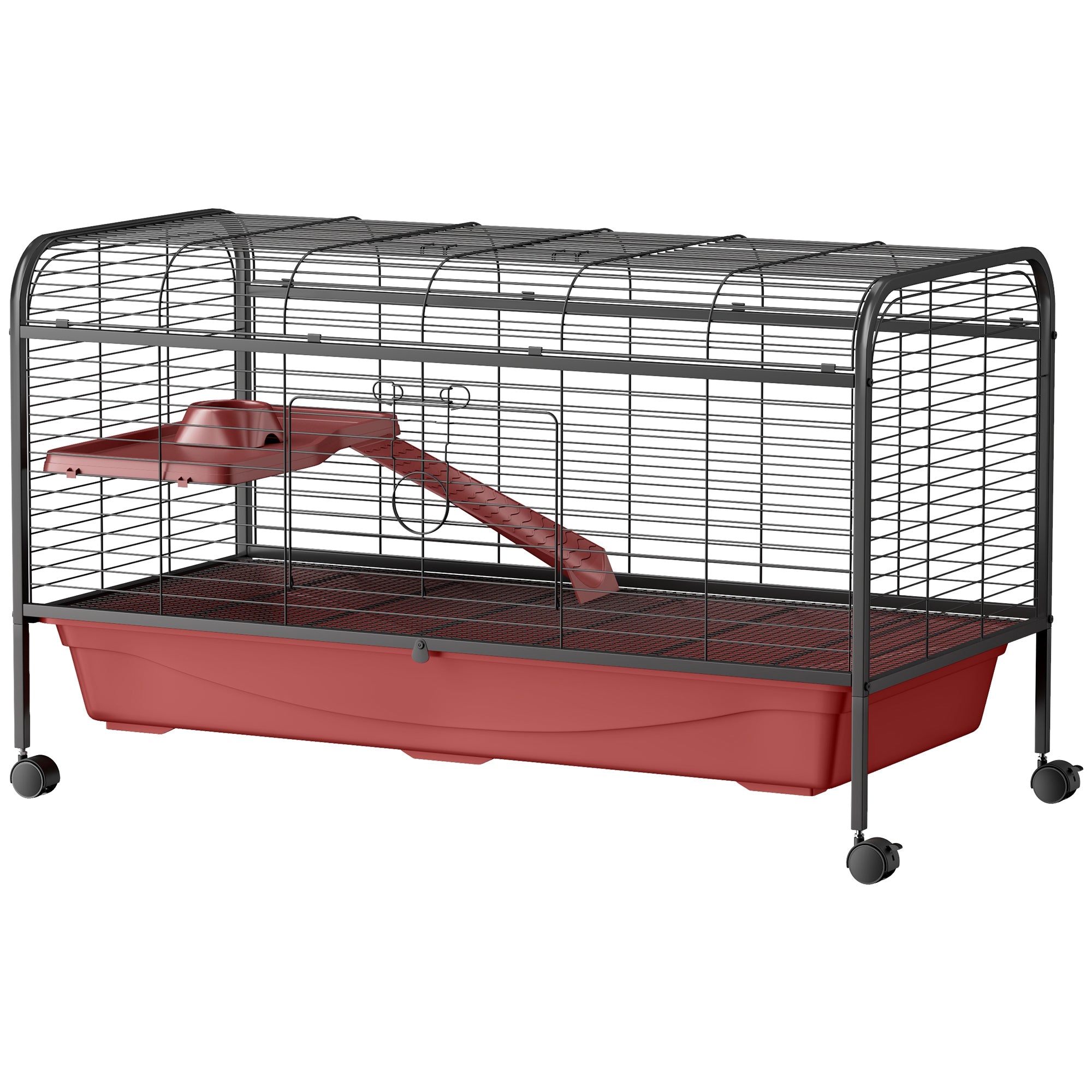 48" L Small Animal Cage, Pet Play House for Rabbit Hutch or Ferret with Feeder, Rolling Wheels, Platform, Ramp