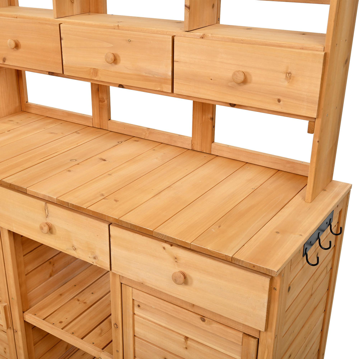 Tall Potting Bench with 3 Shelves, 6 Drawers, Hutch and Cabinet, Wood Garden Workstation for Patio, 50'' L x 20.5'' W x 65.5'' H, Natural