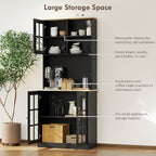 72" Kitchen Pantry Storage Cabinet with Hutch, Large Countertop, Glass Doors and Adjustable Shelves, Black